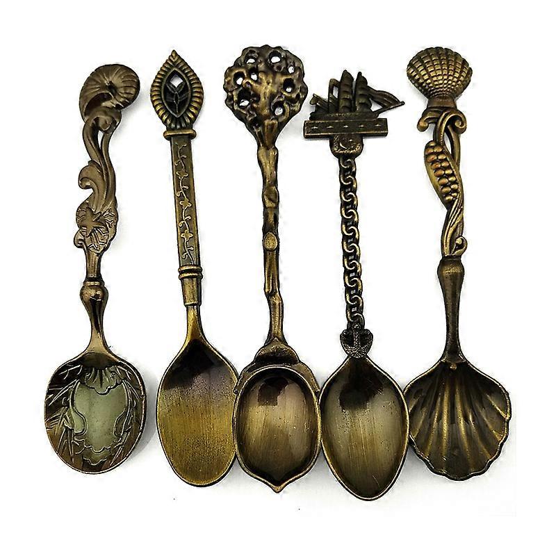 5Pcs Retro Gothic Pattern Carved Coffee Tea Snacks Sugar Spoons Kitchen Cutlery