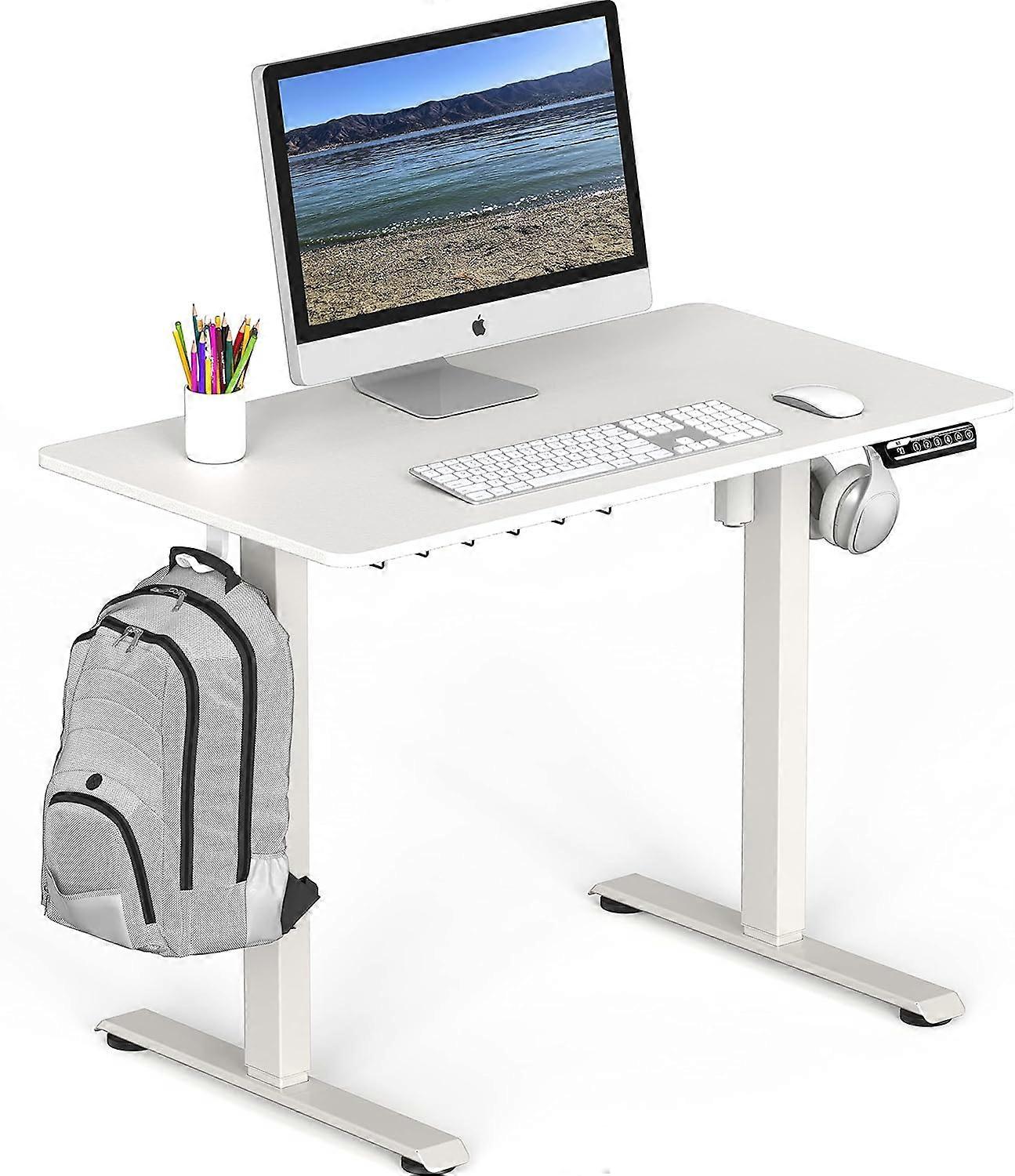 吊り下げフックとケーブル管理を備えた電動高さ調節可能なシットスタンドデスク、100 x 55 cm、ホワイトホワイト