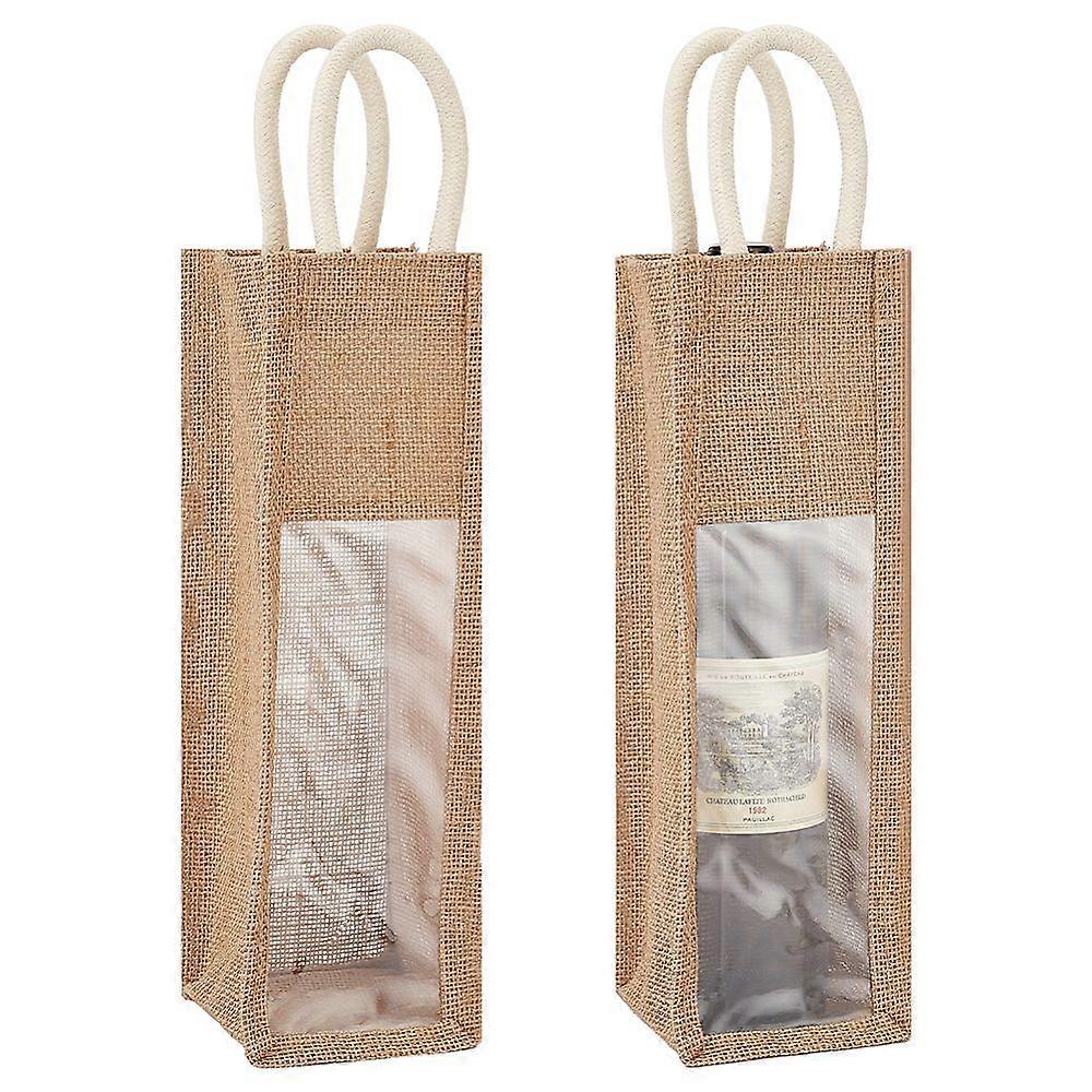 Jute Wine Storage Drawstring Pouches with PVC Clear Window Wine Glass Storage Gift Bags Rectangle Camel 42.5x11x10.5cm