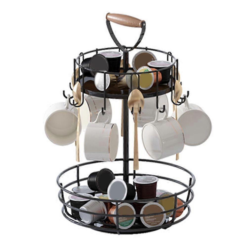 Double Layer Storage Rack Coffee Cup Holder Rotatable Design Large Capacity Kitchen Countertop Organizer with Hook