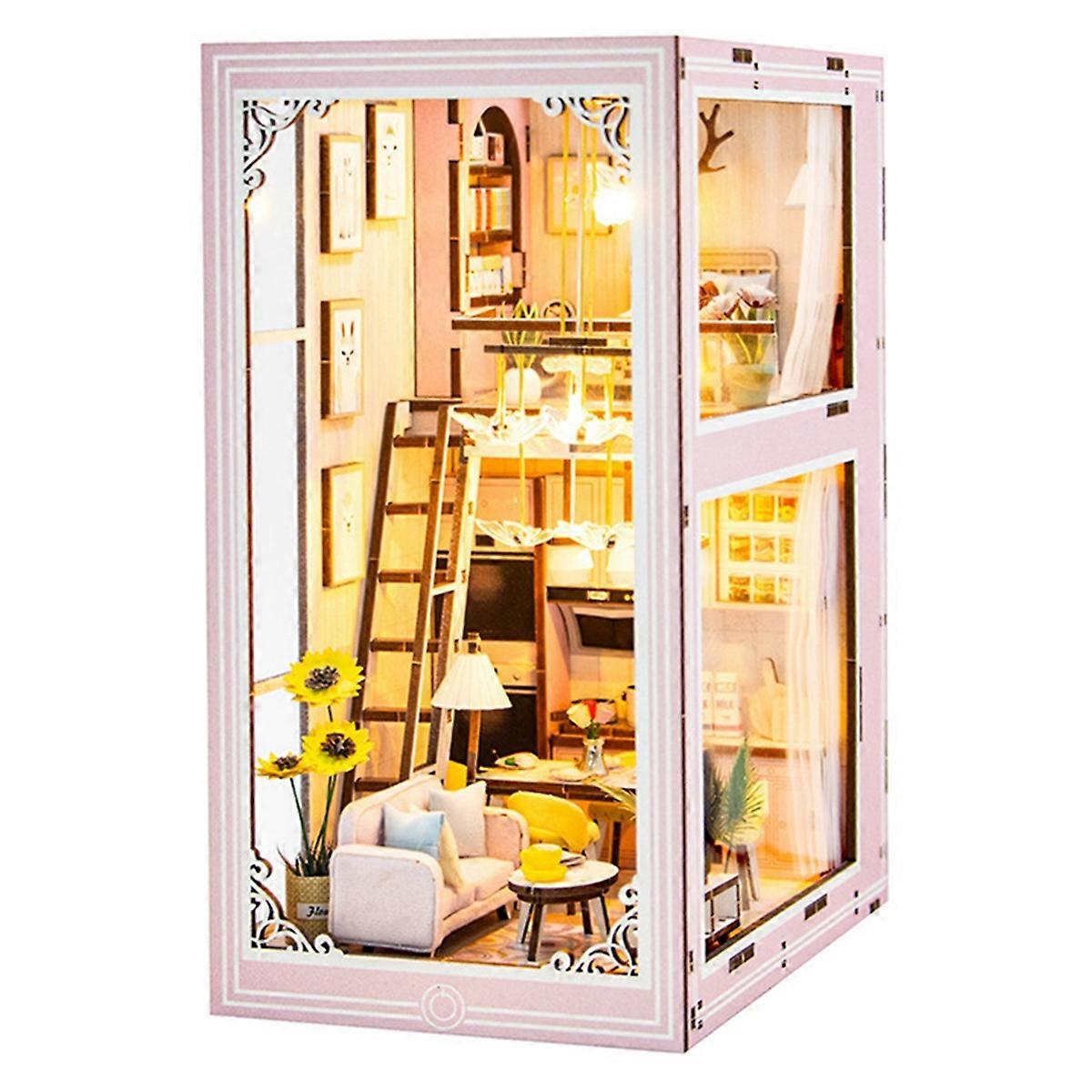 DIY Book Nook Kit Miniature Doll House with LED Light 3D Puzzle Model Building Wooden Bookshelf Bir
