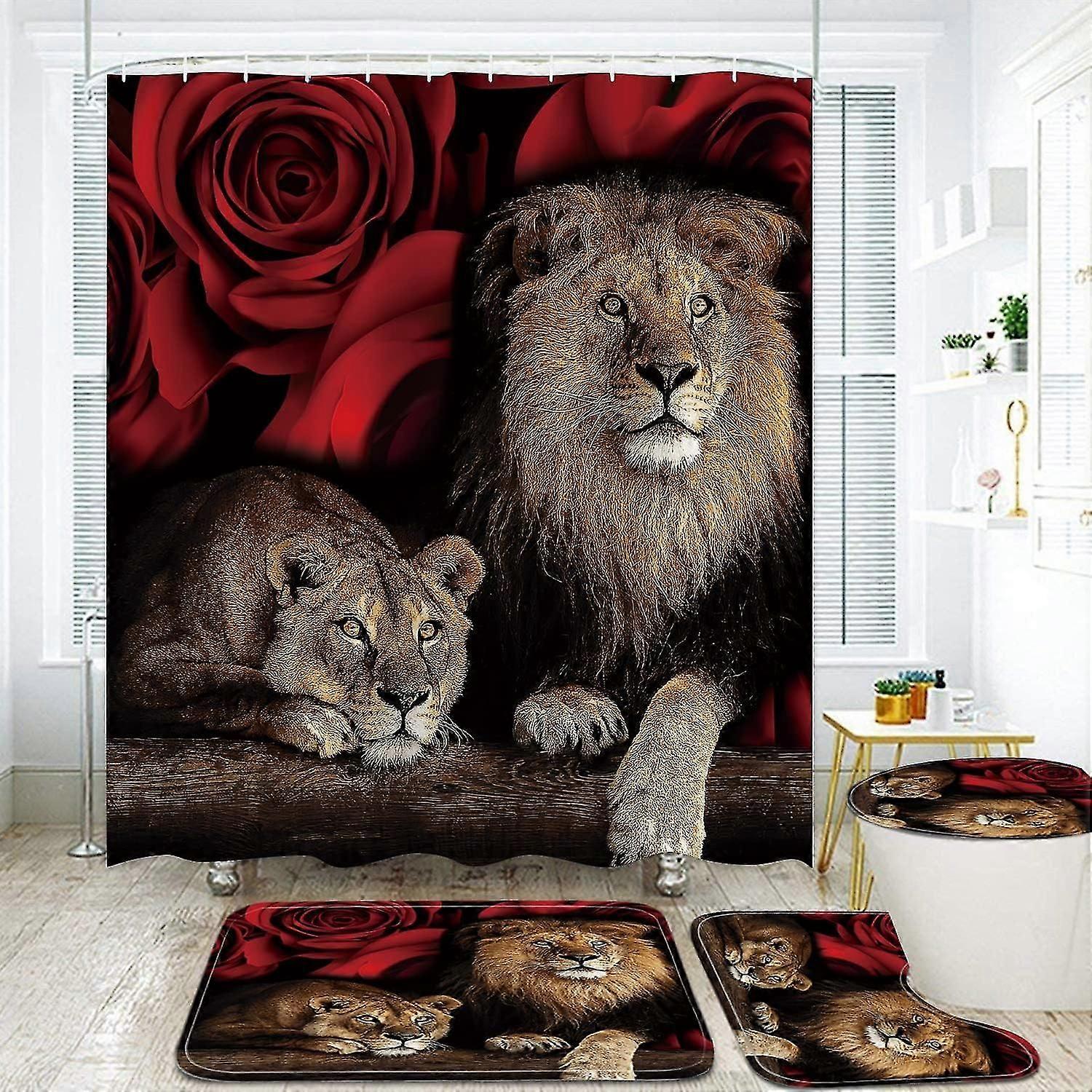 レッドローズとライオンのシャワーカーテンセット、滑り止めマット、トイレの蓋、シャワーマット、12個のフック付きアニマルシャワーカーテン、耐久性のある防水バスルームD