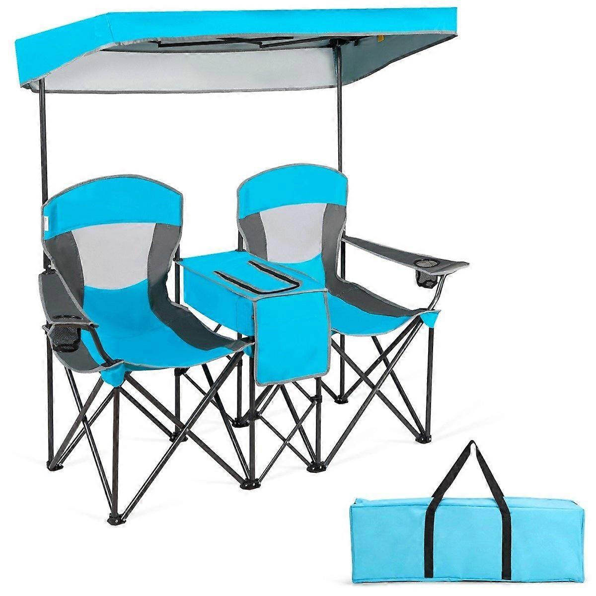 2 Seater Camping Chair with Sun Protection Mini Table Folding Fishing Chair with Carry Bag 166 x 71 x 151 cm Blue