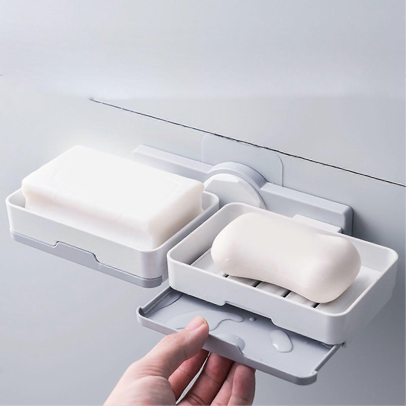 Soap Box Draining Case Holder Rack Plastic Hole Free Installation for Bathroom Toilet Light Gray 1 Layer