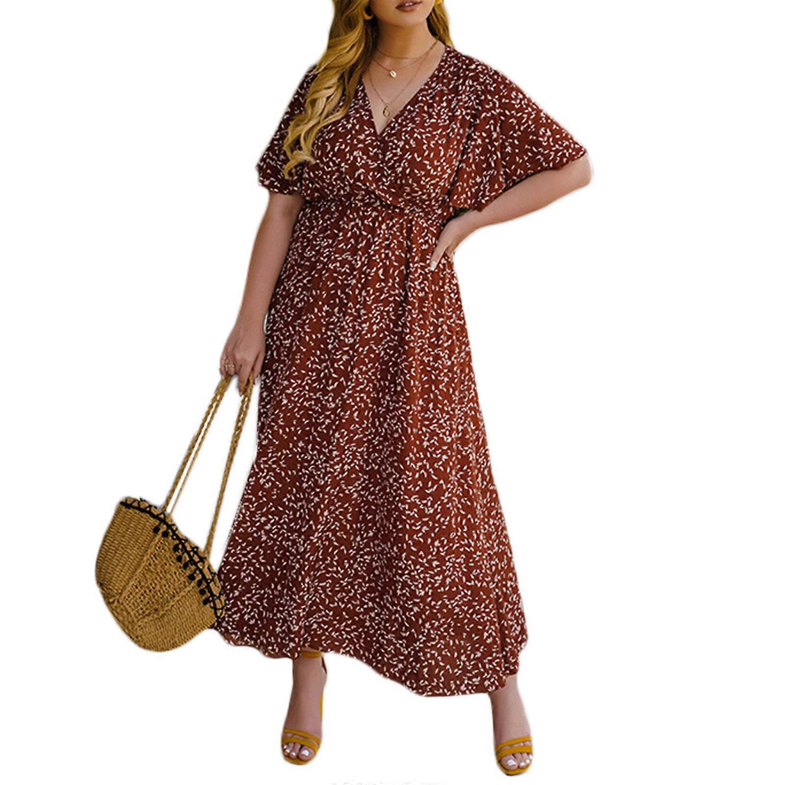 女性フローラルプリントドレス絶妙な半袖ドレスプラスサイズドレスVネックシフォンドレス夏日常ショッピングオレンジXL