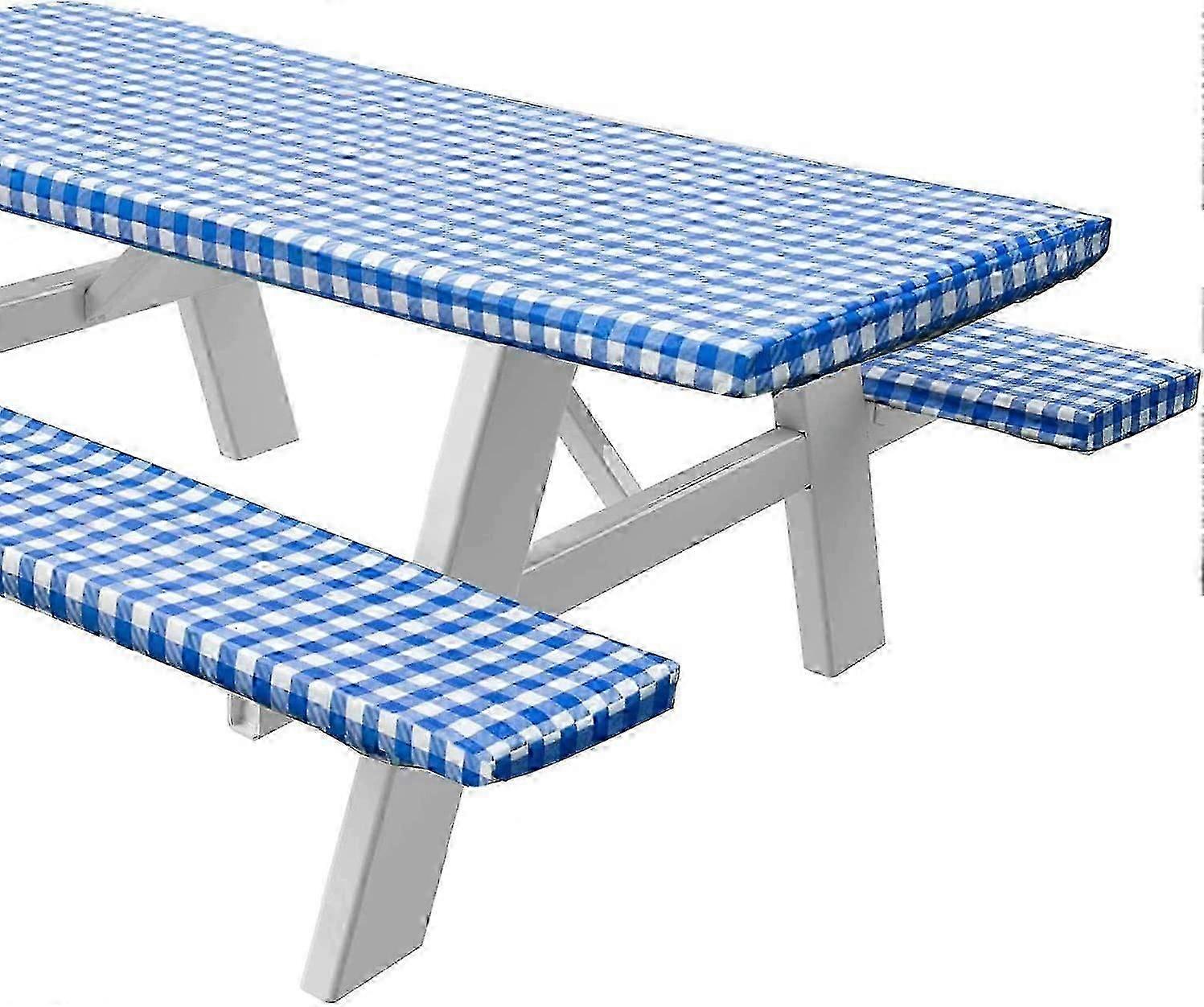 Vinyl Picnic Table and Bench Fitted Tablecloth Cover, Checkered Design, Flannel Backed Lining, 34.7 x 76.8 Inch, 3-Piece Set, Blue