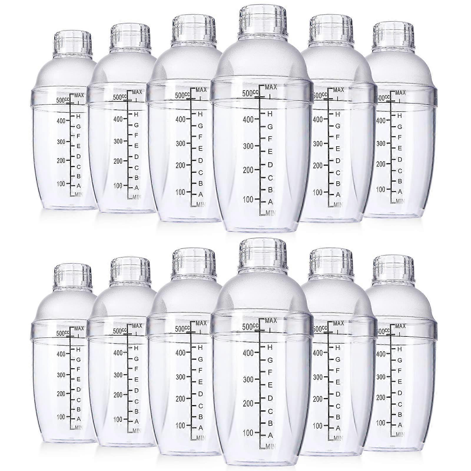 12 Pcs Plastic Cocktail Shaker Set with Measurement Scales, Strainer Top, 550cc Clear Mixing Tool for Tea, Coffee, and Bubble Tea