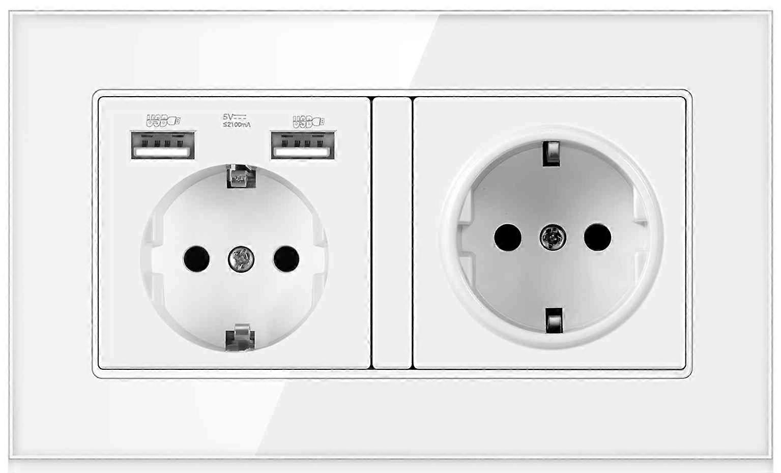 Eu Plug Double Socket 16A 250V + 2 USB Wall Electrical Outlets White Glass Panel Germany Power Socket