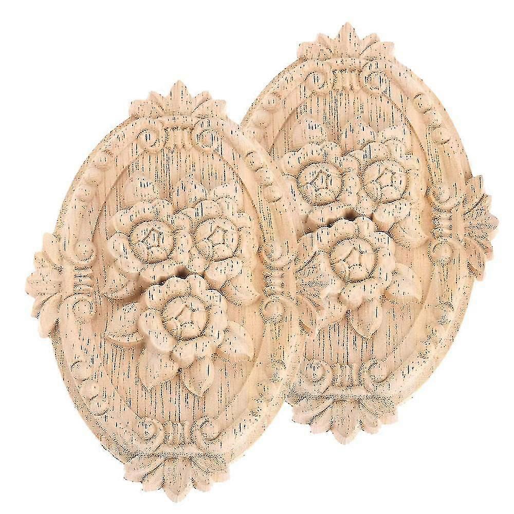 2pcs Wood Carved Applique Frame Onlay Unpainted Furniture Decoration Unpainted Oval Patterns 21x15c