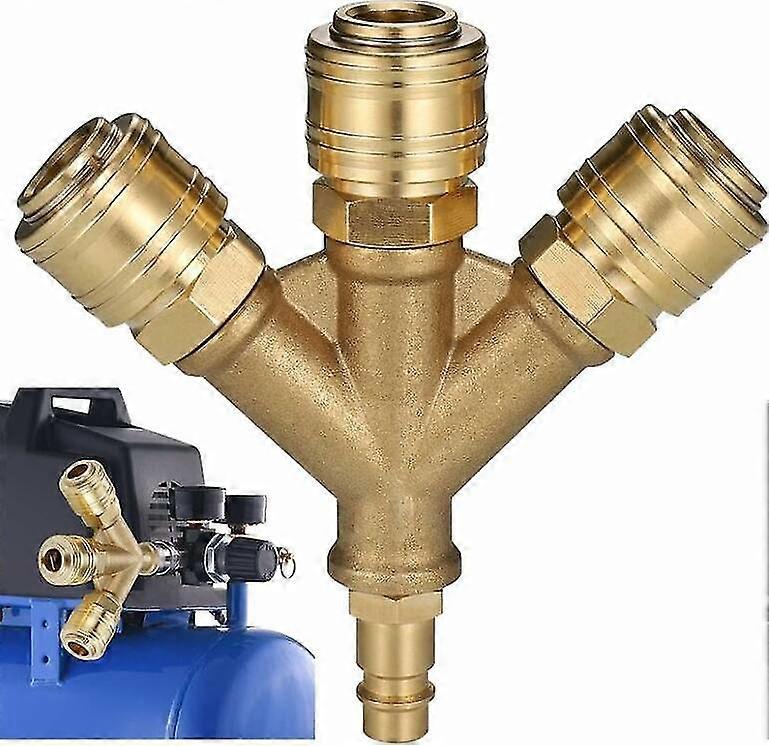 Air Hose Compressor, 3 Way Compressed Air Fitting with 3 Fittings, Compressed Air Fitting 1/4 Threaded Hose Connector, Brass Compressed Air Distribut