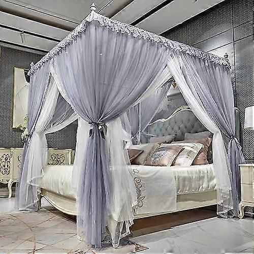 Mosquito Net Curtains with 4 Corners, Double Layered Transparent Canopy for Girls' Bedroom, Light Mauve, King Size, Silver Gray