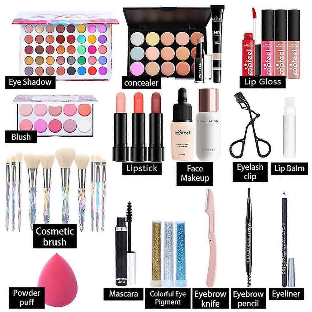 Makeup Cosmetic Set for Beginner Cosmetic Set Eye Shadow Concealer Lip Gloss Blush Brush Powder Puff Eyeliner Storage Box