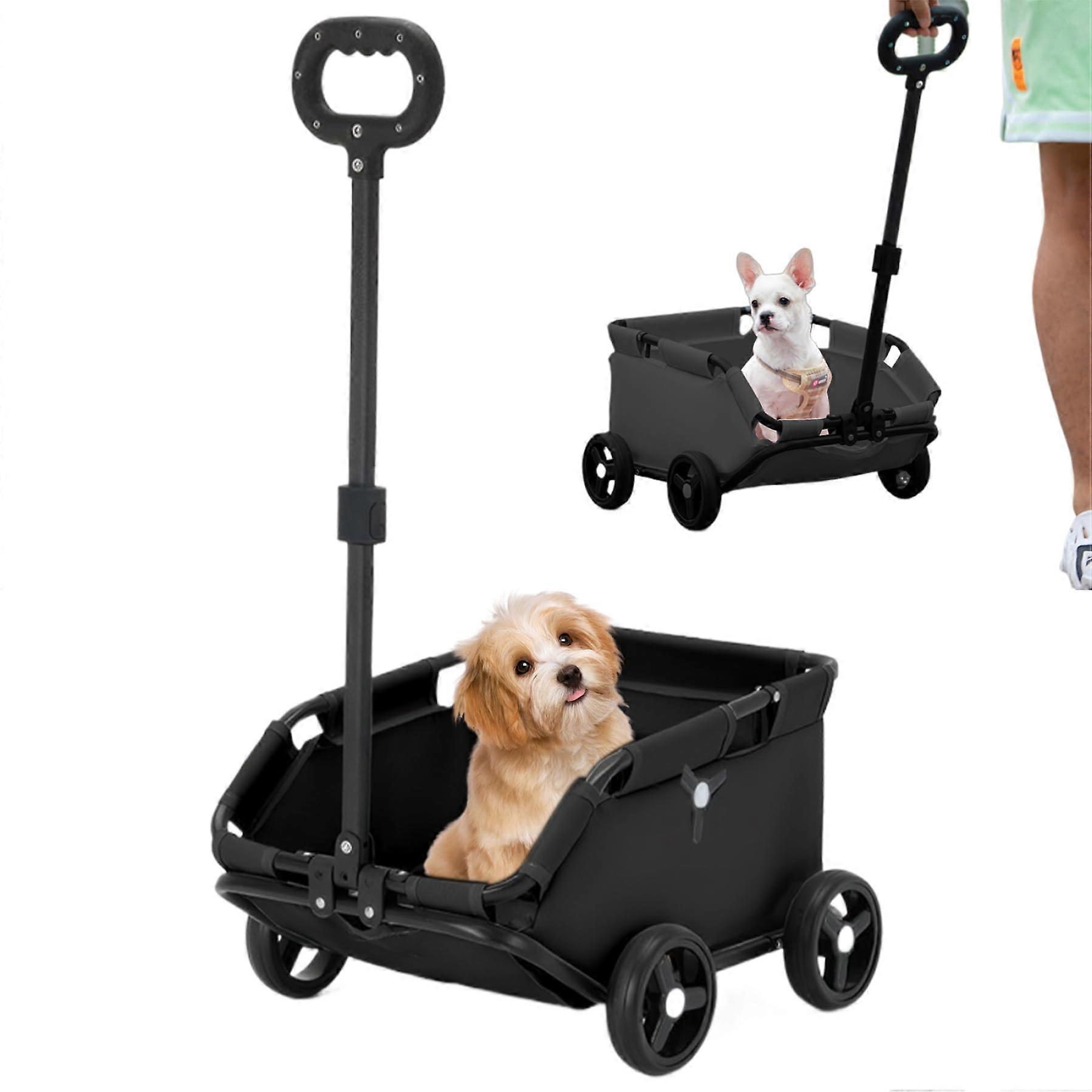 Folding wheeled pet carrier for dogs and cats with pull handle, black