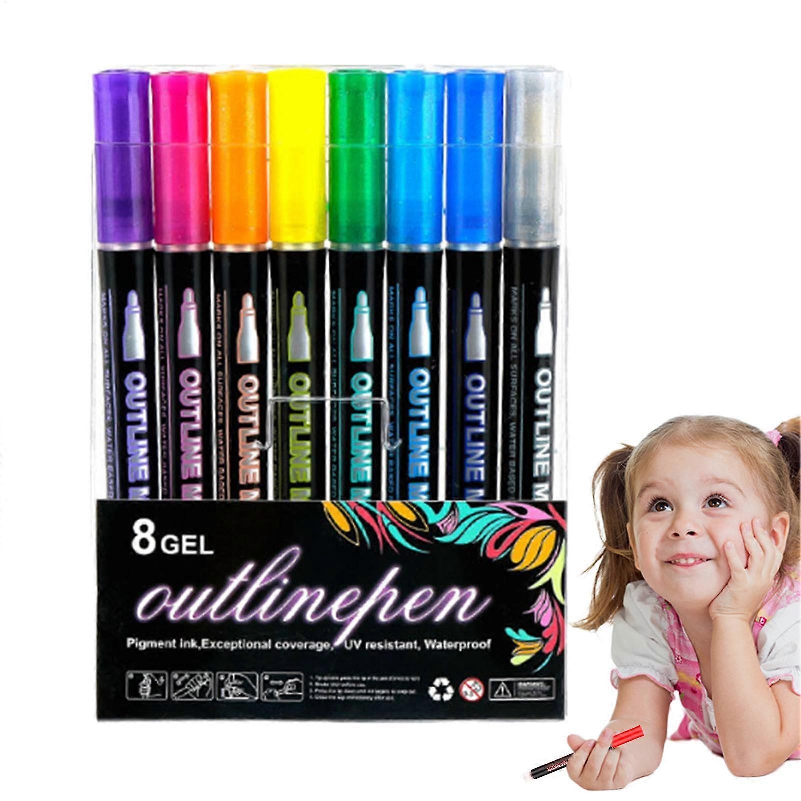 Shimmer Textmarker Set, Double-Line Graffiti Markers for Drawing and Coloring, 8 Color Outline Pens for Scrapbooking and Card Making