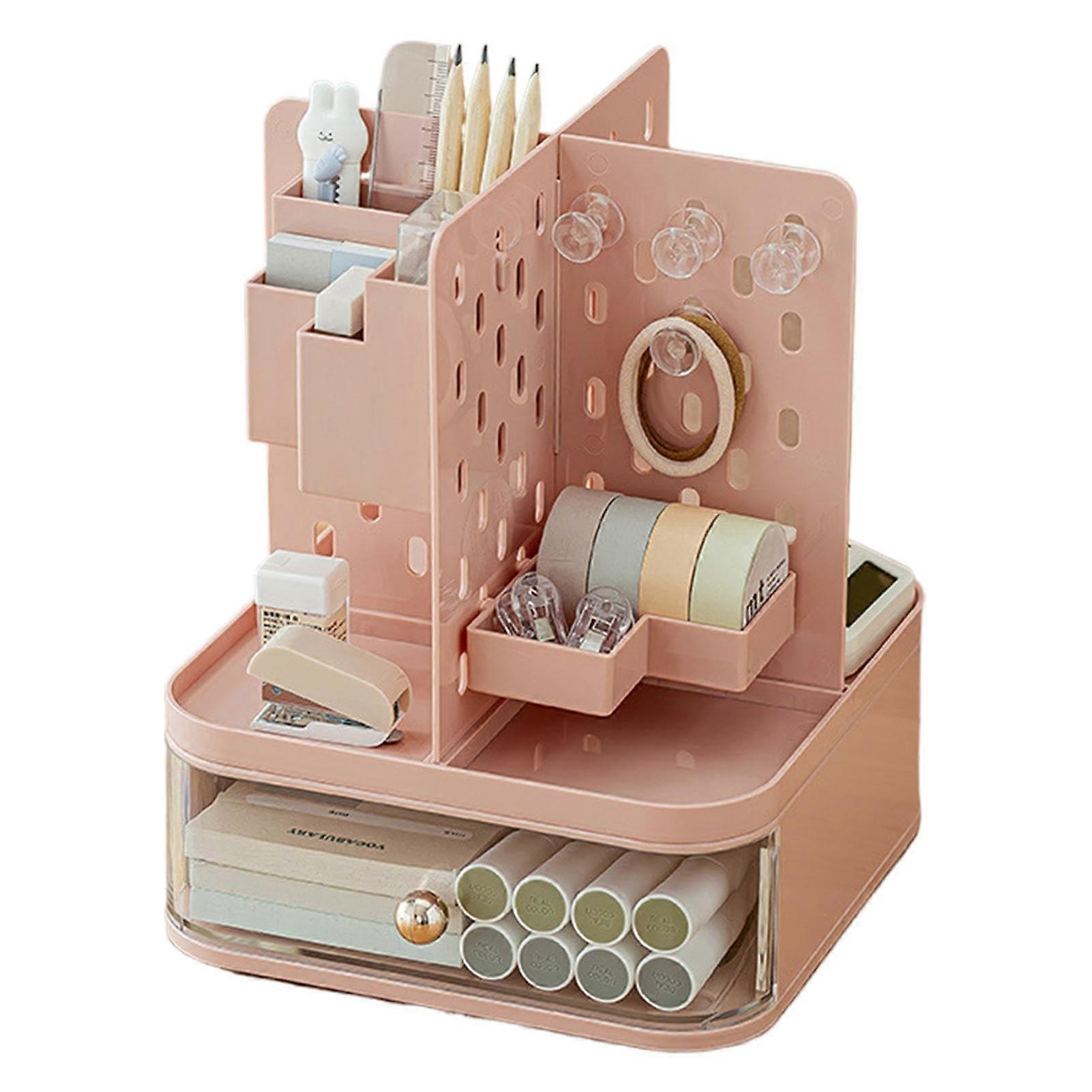 Desk organizer, pen organizer, 360degree rotatable desk box with perforated pink