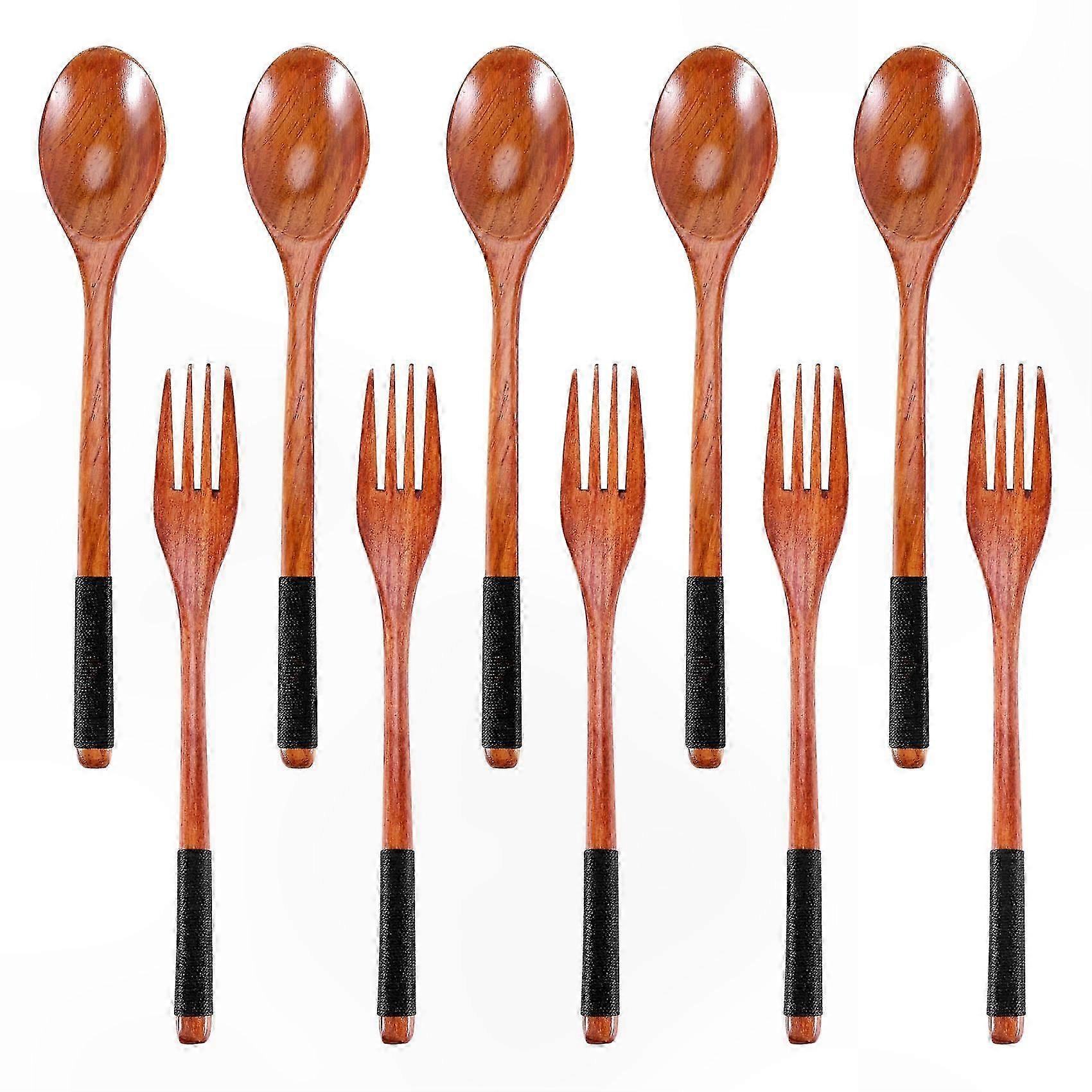 Japanese Style Wooden Utensils Set - 10 Pieces Reusable Flatware with Black Cords for Dining