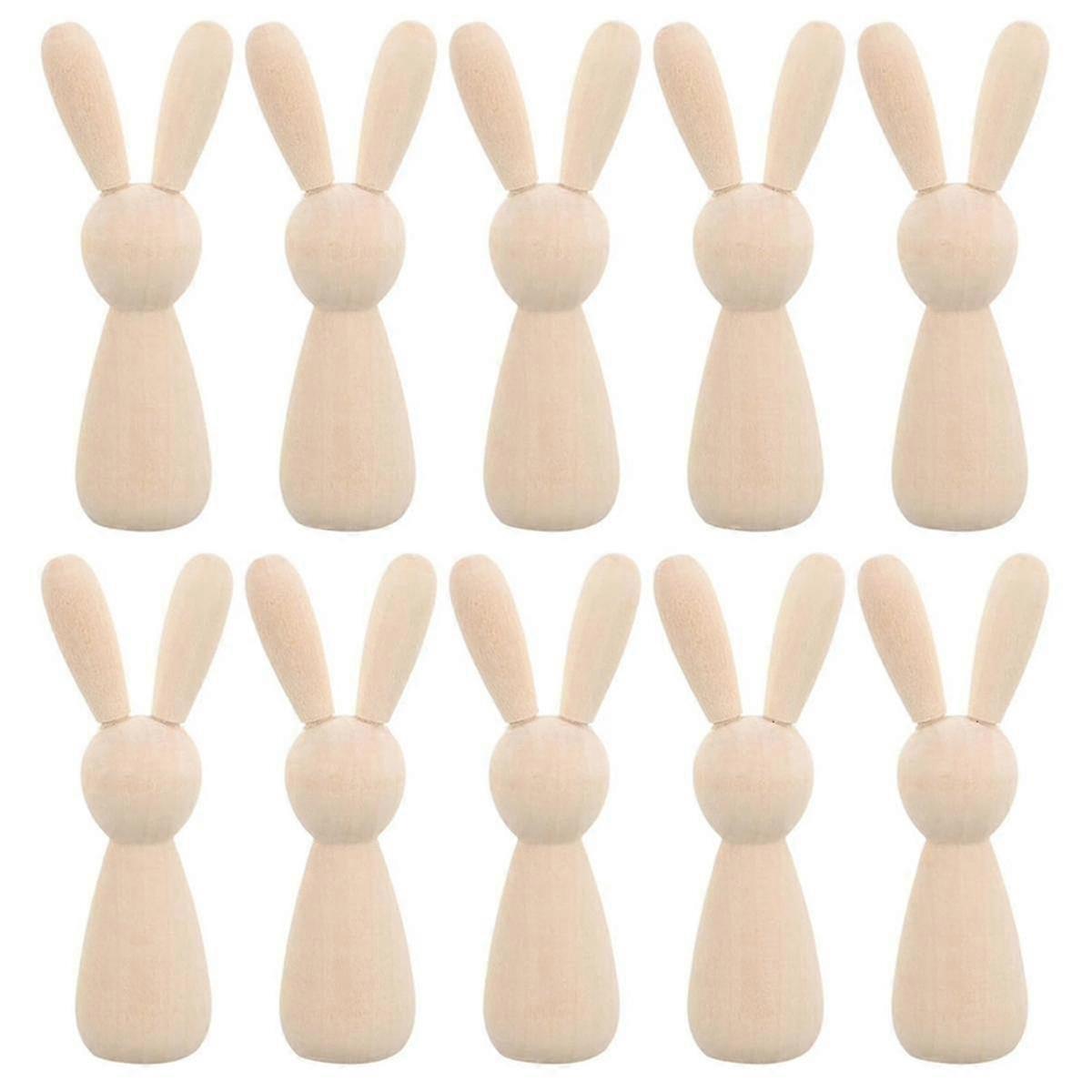 Unpainted 10-Piece Rabbit Doll Figure Kit - DIY Wood Bunny Puppet Craft, Unfinished Peg Dolls for Children's Craft Projects