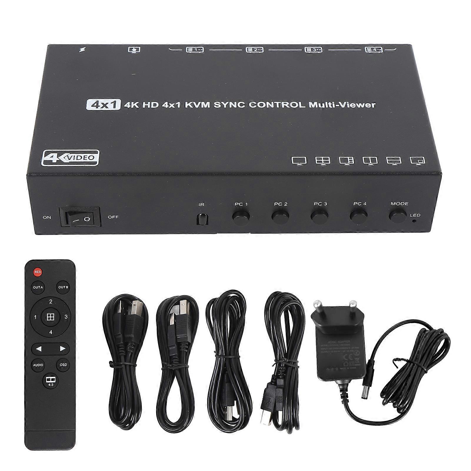 4 Ports HD Multimedia KVM Switch 4K 30Hz Seamless Multiviewer with Remote Controller