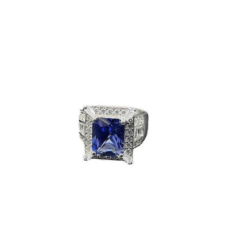 S925 Sterling Silver Radiant-Cut Lab-Created Sapphire Ring with Cubic Zirconia - Adjustable Size, Perfect Anniversary Gift for Wife