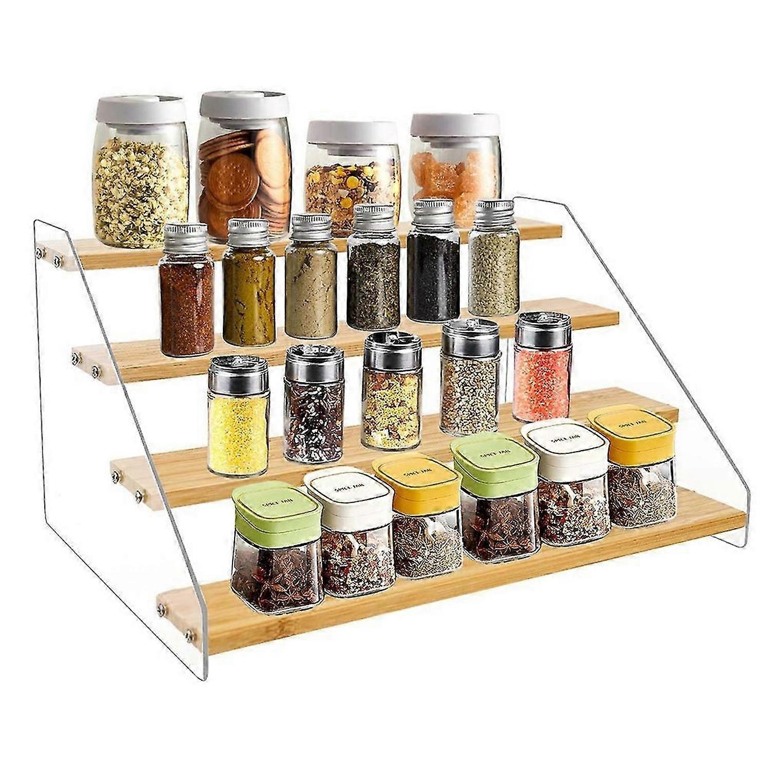 12In Spice Rack Organizer for Cabinet - Wooden 4Tier Display Stand -Space Saving Display Shelf Riser for Perfume Cupcake