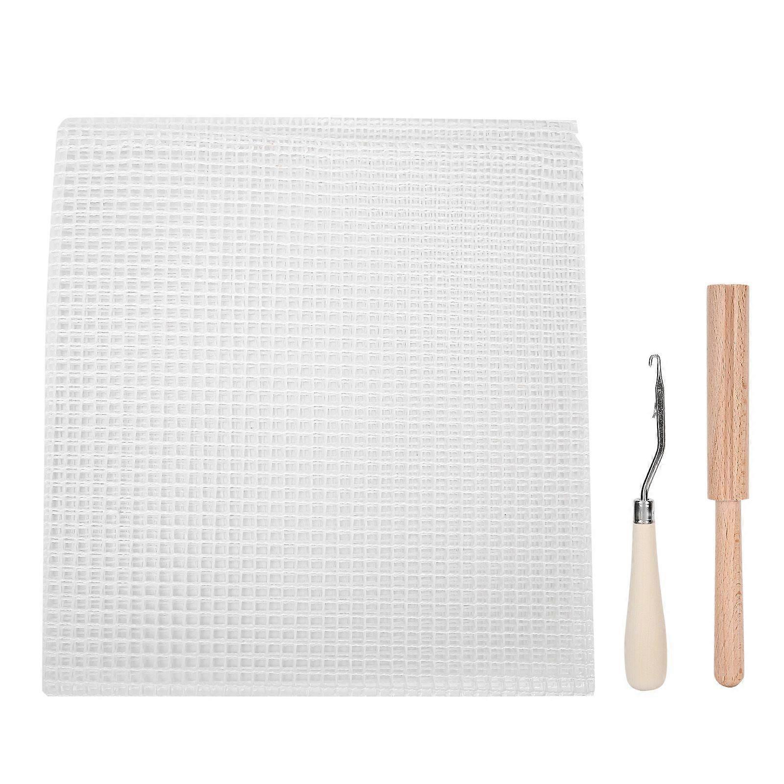 Mesh Fabric DIY HandMade Carpet Woven Grid Cloth Material 50x50cm Wooden Handle Crochet