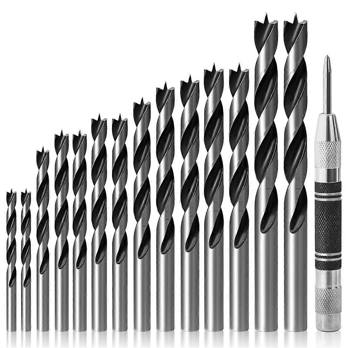 14PCS Wood Drill Bit Set with Center Punch, with Double Flutes Design for Carpenter Woodworking and