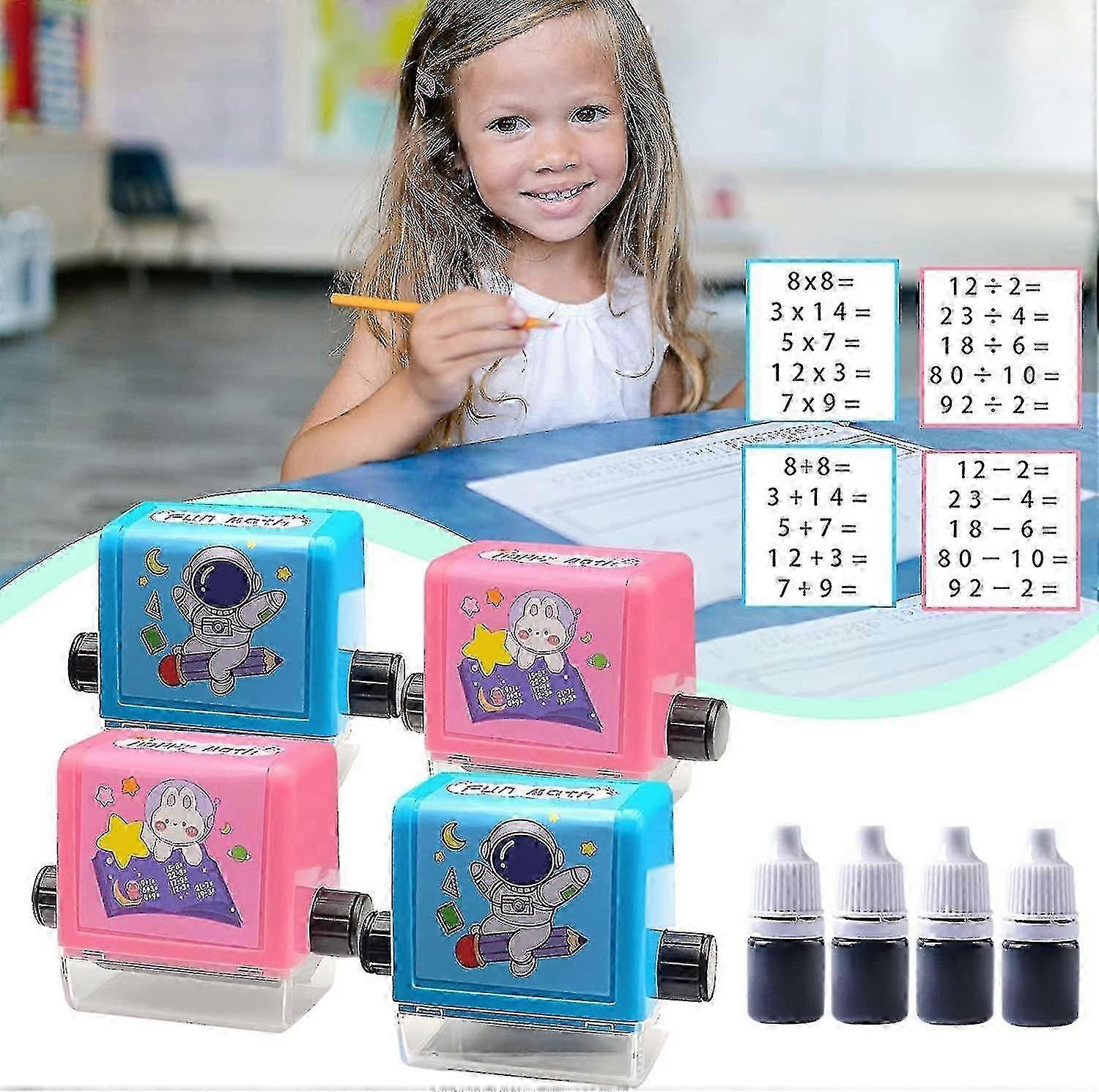 4pcs Math Roller Stamps,reusable Roller Digital Teaching Stamp For Addition, Subtraction, Multiplication, Division