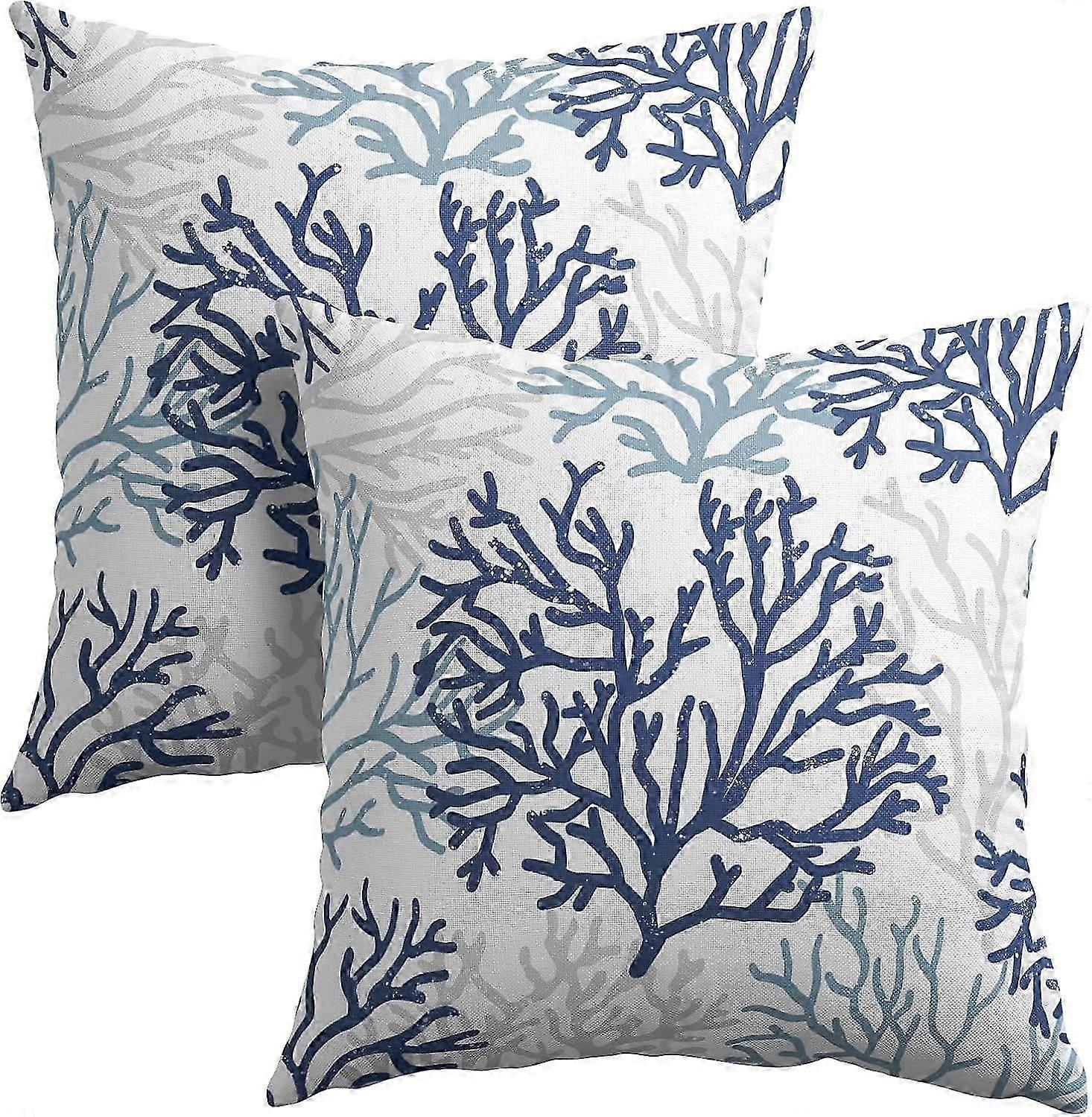 Blue and White Coral Throw Pillow Covers 18x18 Set of 2 Summer Beach Light Blue