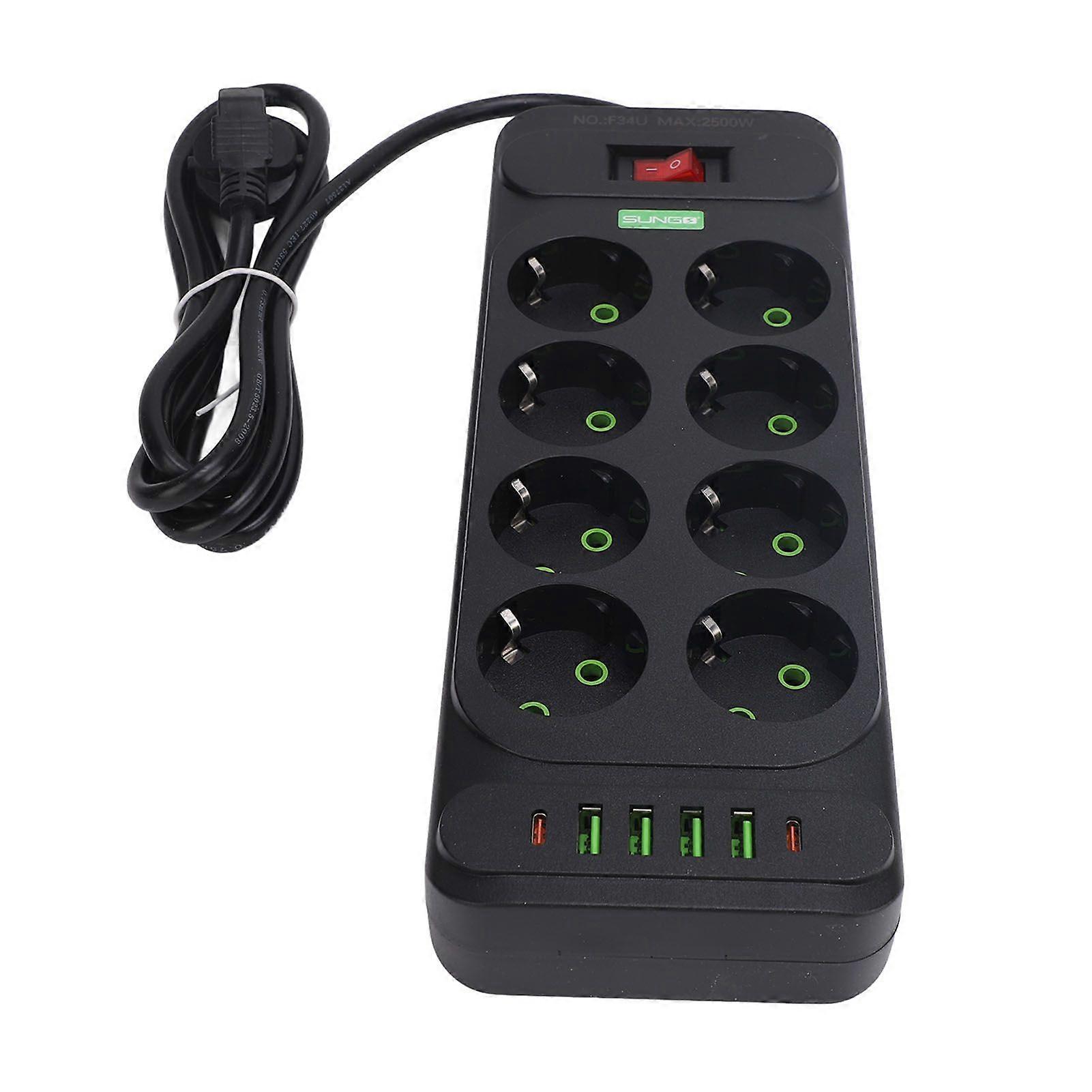 8 Way Power Strip USB C European Socket Desk Wall Mounted with Switch 2m Cable