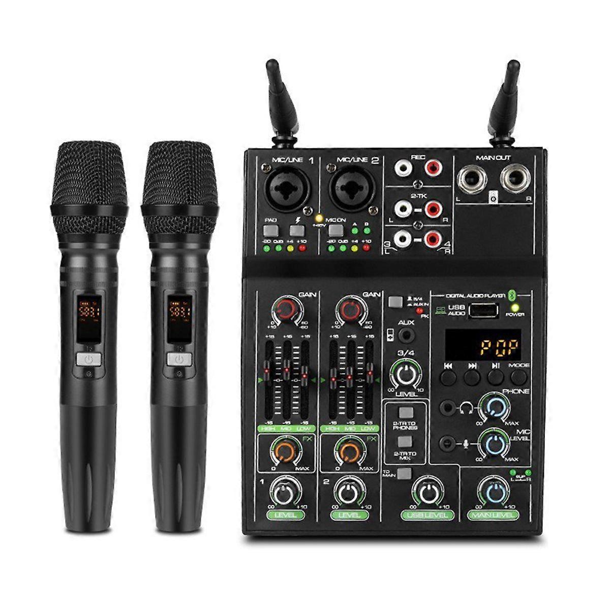 4 Channel Audio Mixer Console Audio Mixing with Wireless Microphone USB Bluetooth Reverb Microphone