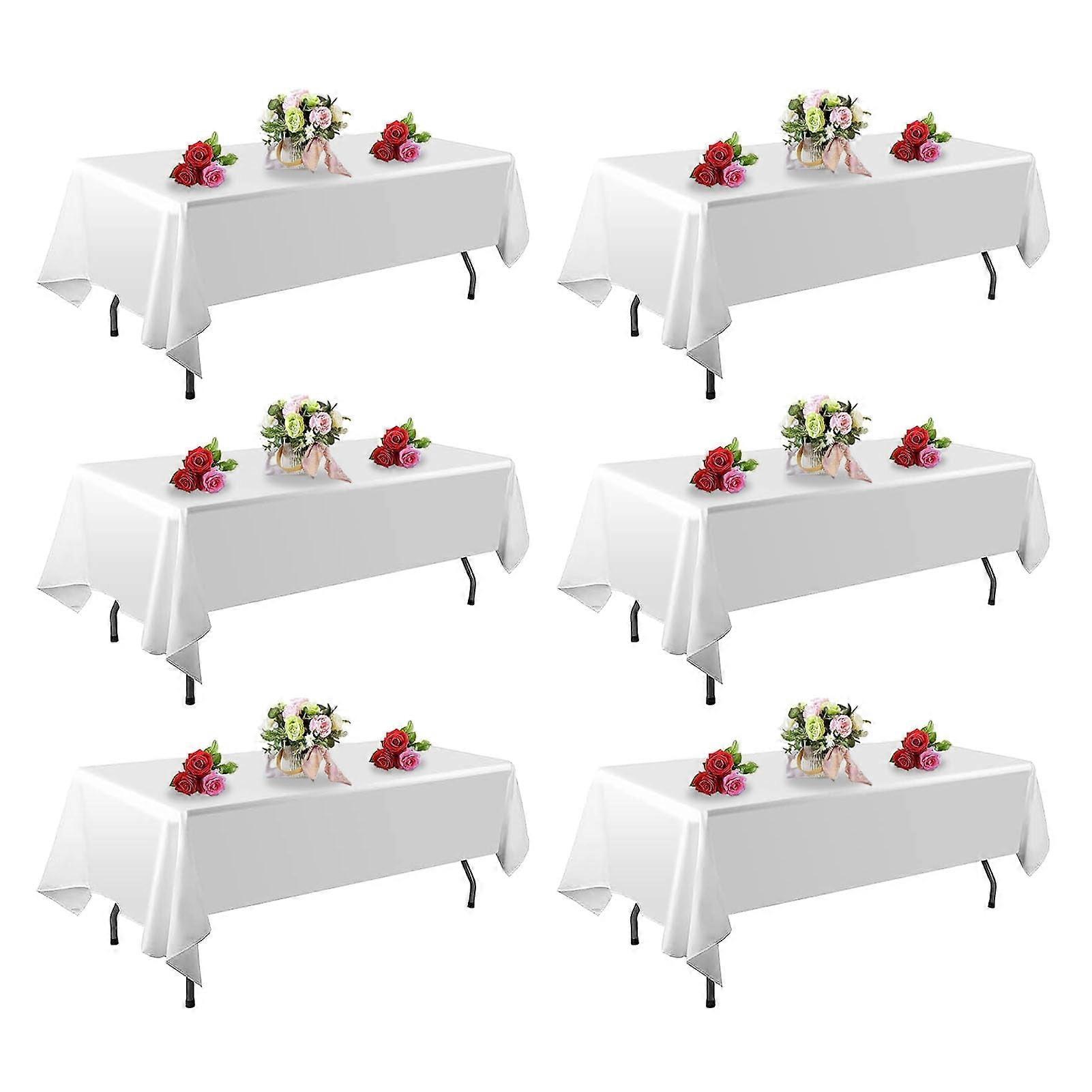 6 Pack White Table Cloth Rectangle Table 60 x 84 Inch Tablecloths for 6 Foot Rectangle Tables. Stain and Winkle Resistant Polyester