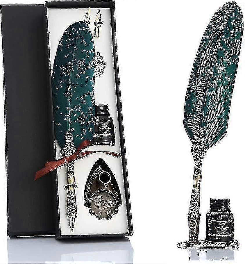 e Feather Pen And Ink Set, Glittering Quill Pen Set Antique Calligraphy Dip Pen With Ink, 2 Replacement Nibs, Pen Stand Base, Luxury Vin