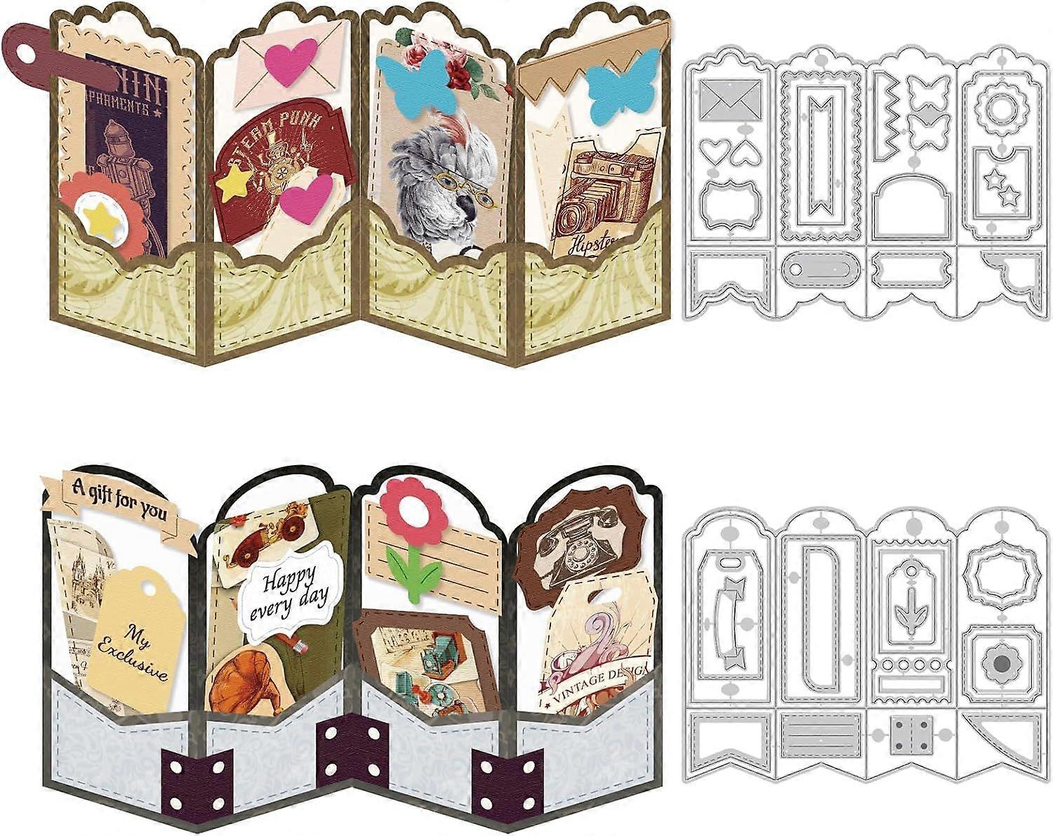 2PCS Folding Greeting Card Cutting Dies Metal Die Cuts for Card Making Label Embossing Template Dies Folding Frame Background Die Cuts Paper Craft DIY