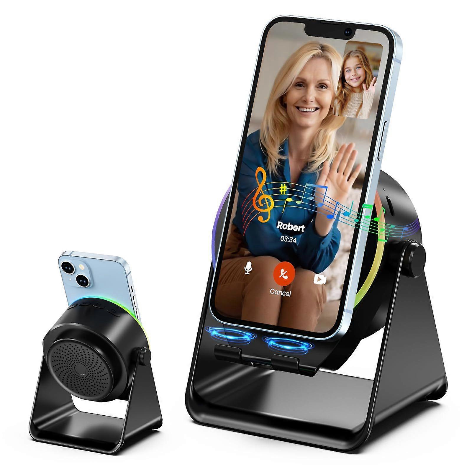 Wireless Charging Speaker with Phone Stand, Stereo Sound & RGB Mood Light, 360 Rotating Holder for Mobile Devices, Perfect for Home Office Desk, in Bl