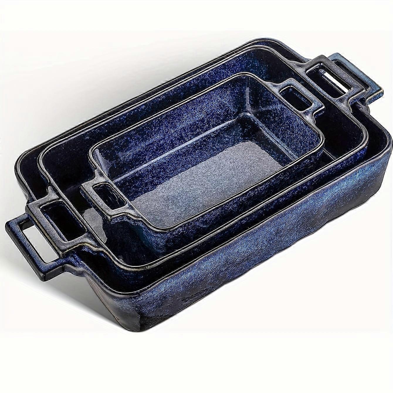 VICRAYS 3pcs Ceramic Bakeware Set, Porcelain Rectangular Lasagna Pans Casserole Dish 15 X 8.5 Inches (Blue)