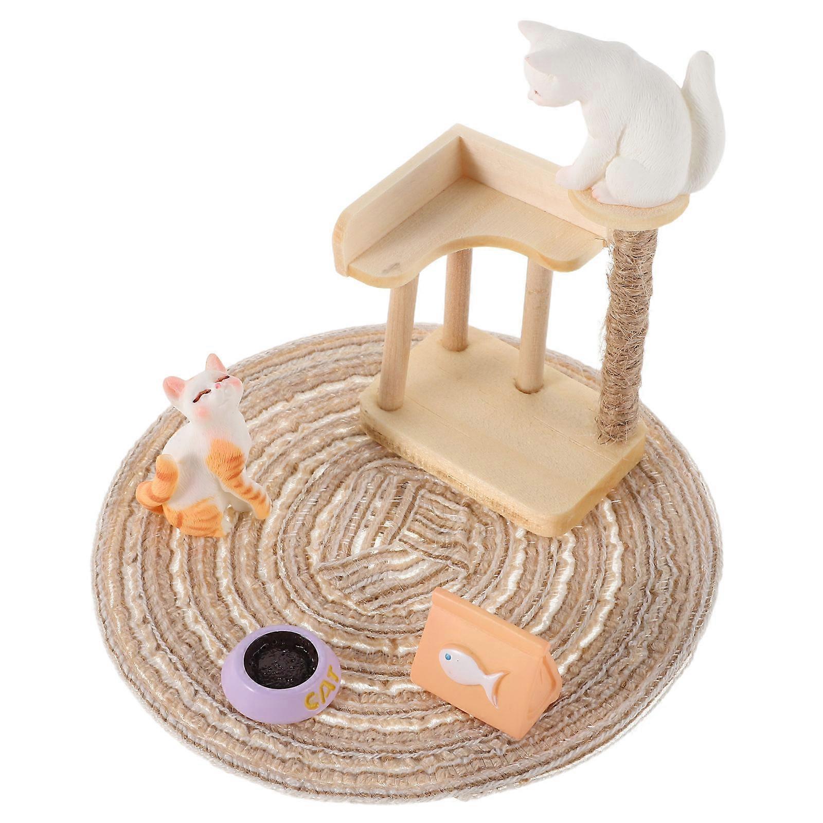 Wooden Cat Tree Tower Model for Dollhouse with 1Set Cat Playset