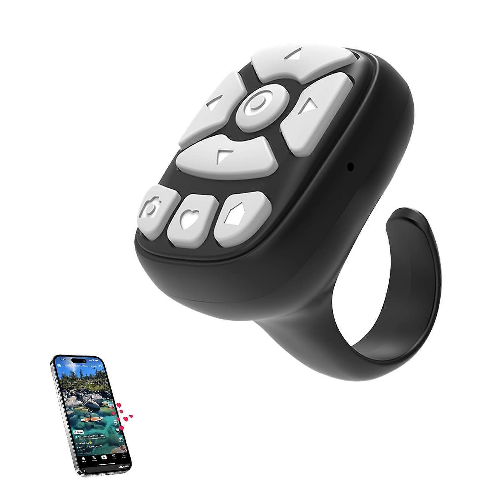 Bluetooth Phone Scroller Ring  iPhone iPad Android Compatibility, Wireless Shutter, Page Turner Black