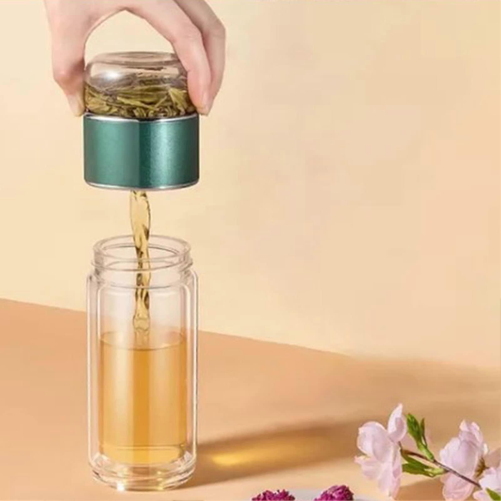 430ml Double Wall Glass Tea Infuser Bottle with TeaWater Separation and Leak Proof Design for Travel Office Green