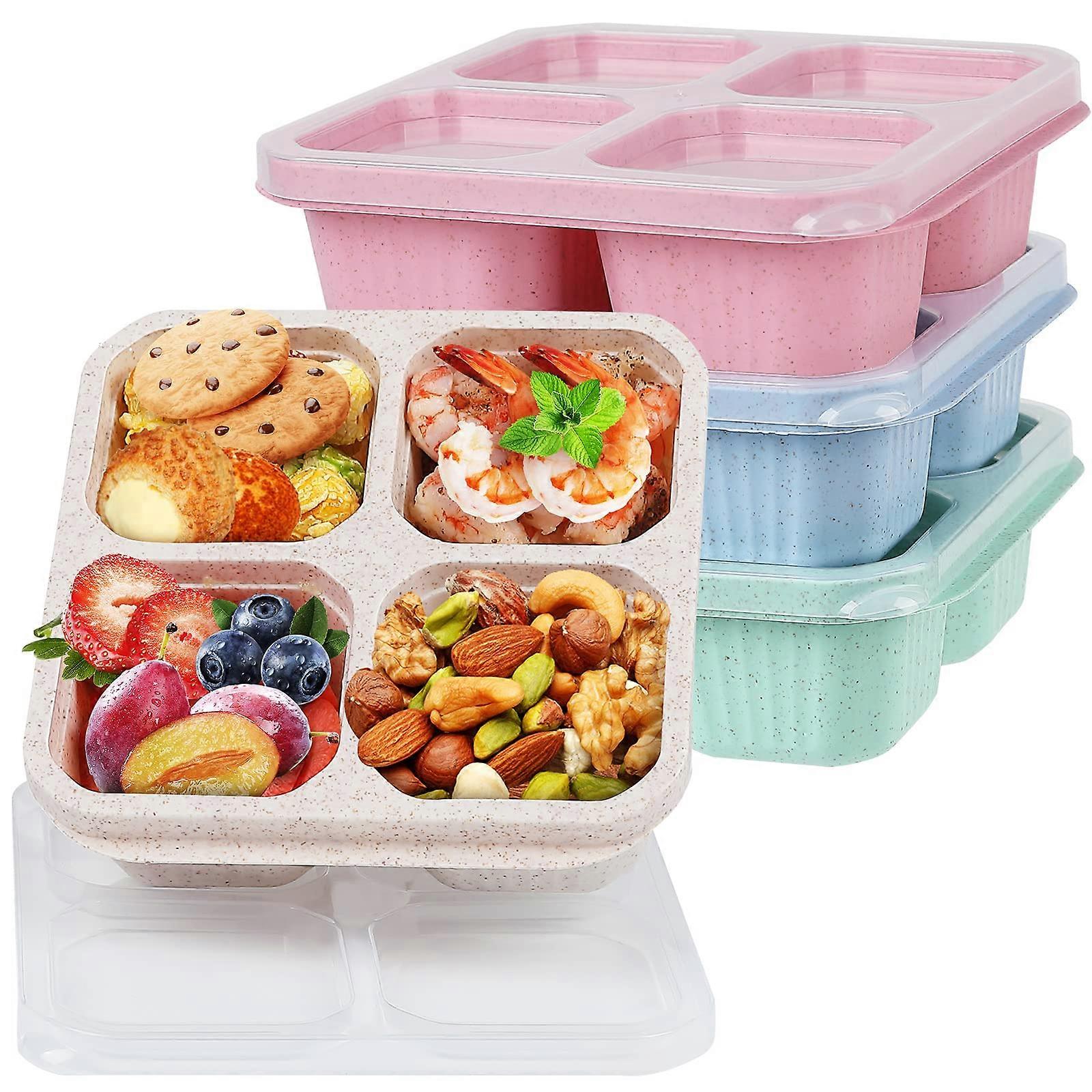4 Pack Bento Lunch Box Set with 4 Compartments, Wheat Straw Leakproof Food Containers, Microwave and Dishwasher Safe