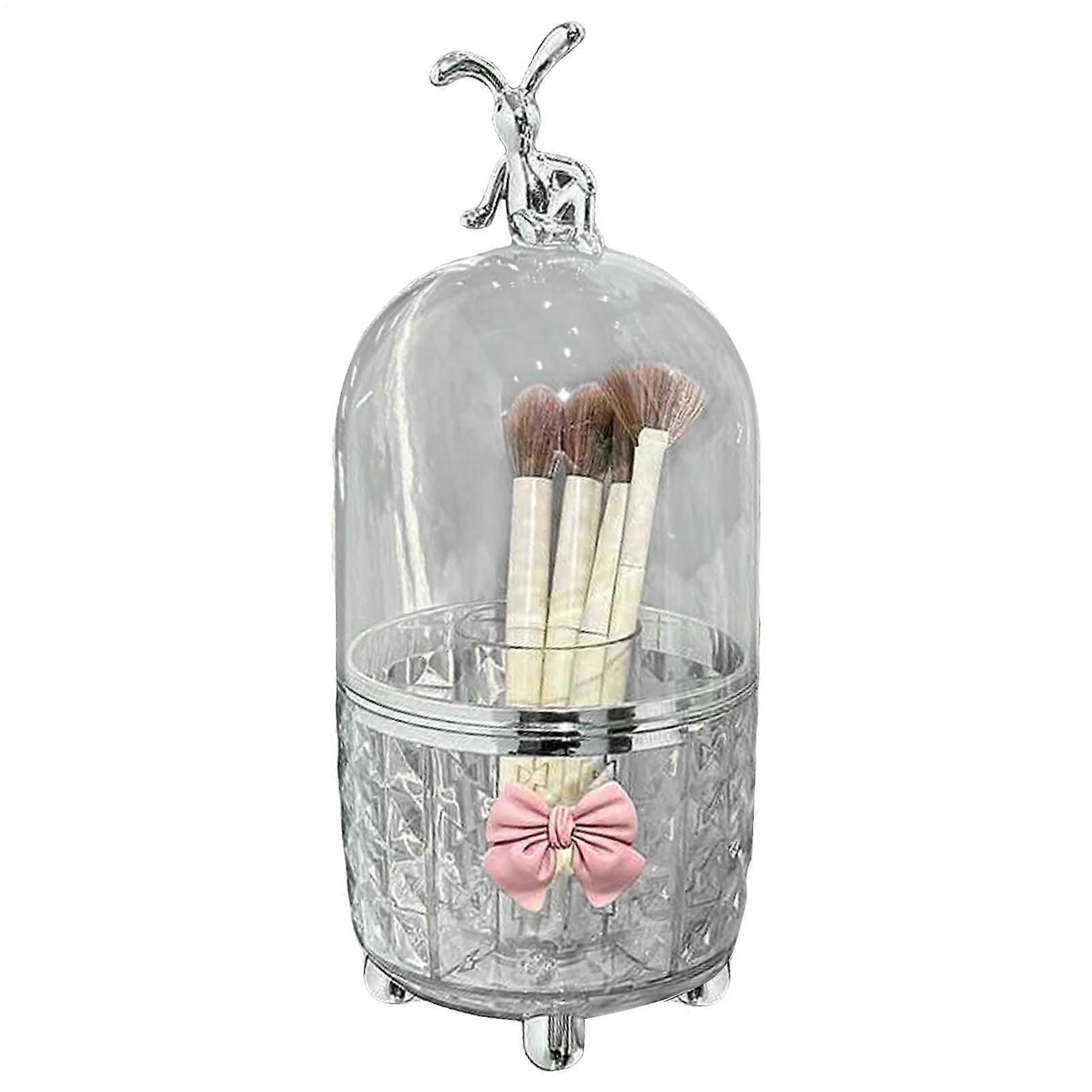 Rotating Acrylic Makeup Brush Holder with Lid, Dustproof Waterproof 6Compartment Organizer