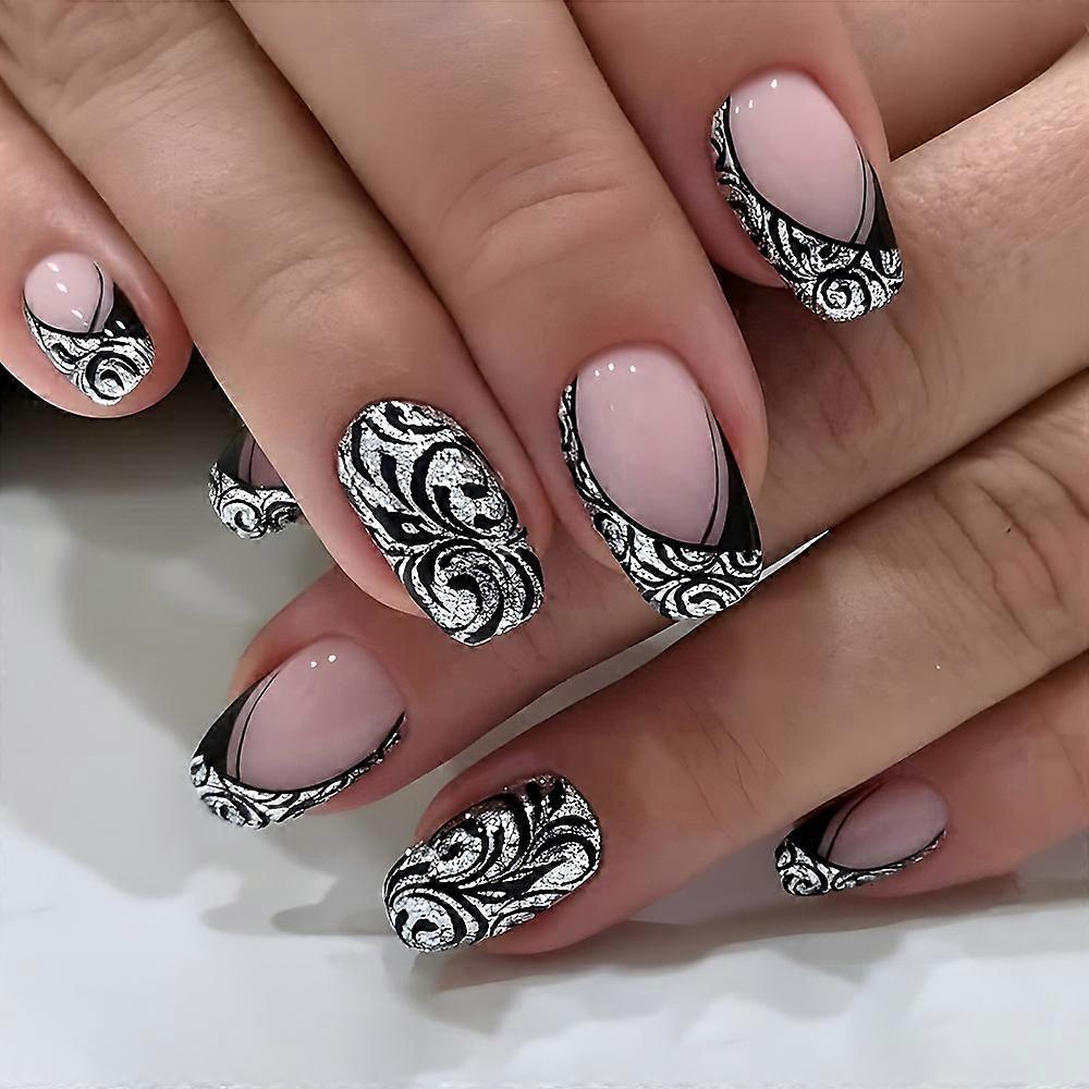 2026 New style 24Pcs Solid Black Short False Nails with Rose Pattern Design Ballerina Square Artific