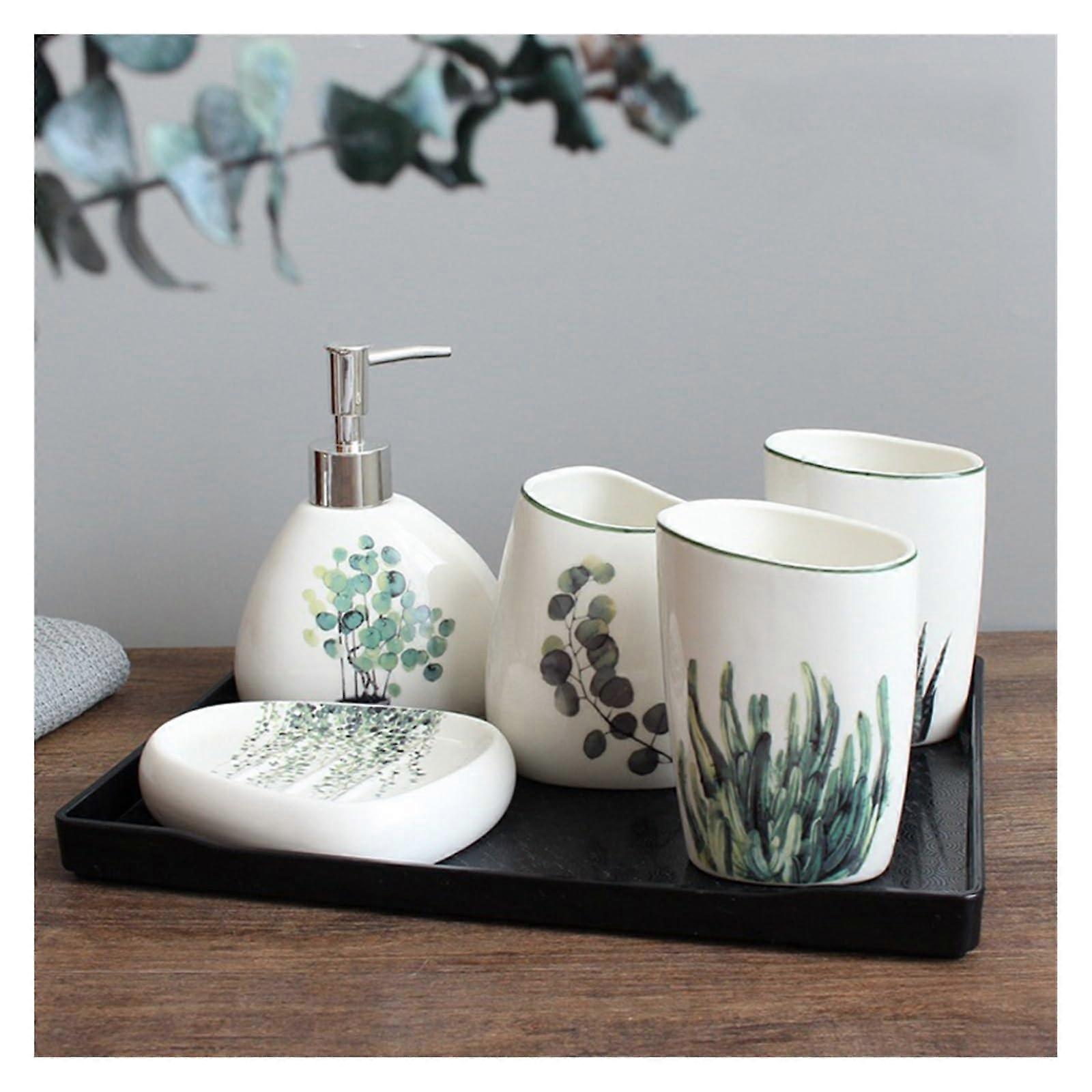 Ceramic Bathroom Accessories Set, 6Piece SpaceSaving Organizer with Tray and Large Capacity Cup