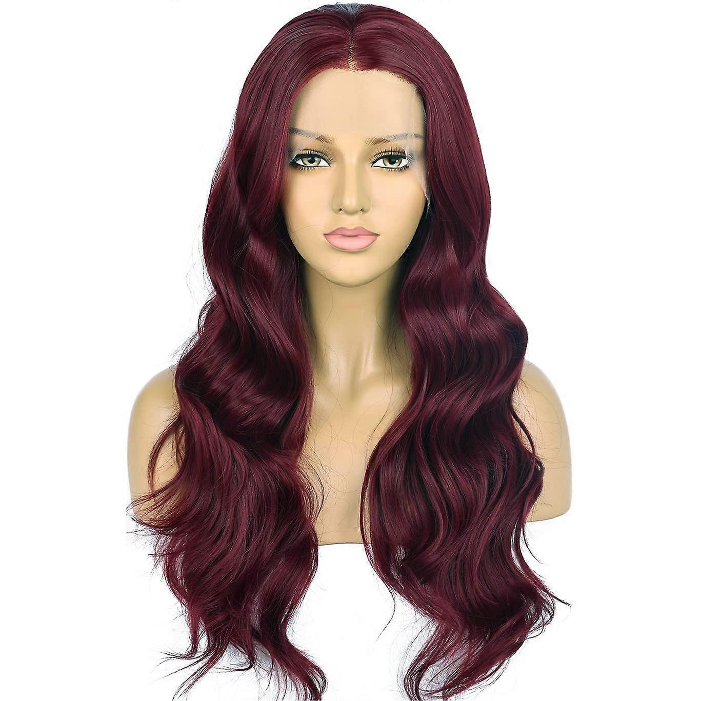 Peruca 99J Borgonha com Lace Front, Cabelo Sintético Longo e Ondulado, 56 cm (22 polegadas), Resistente ao Calor e com Ajuste Regulável.