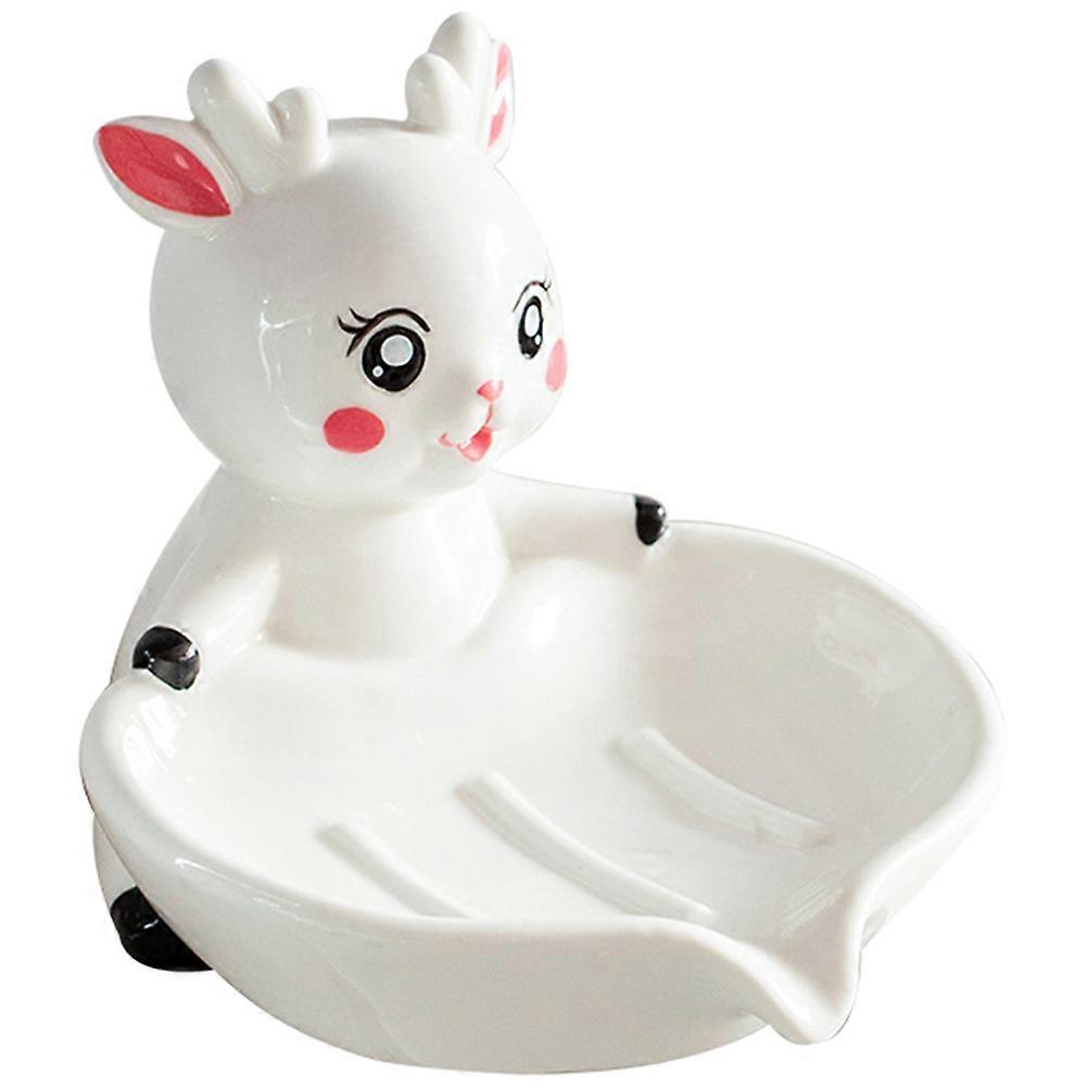 White Ceramic Soap Dish Deer Shape Self-Draining Holder for Kitchen