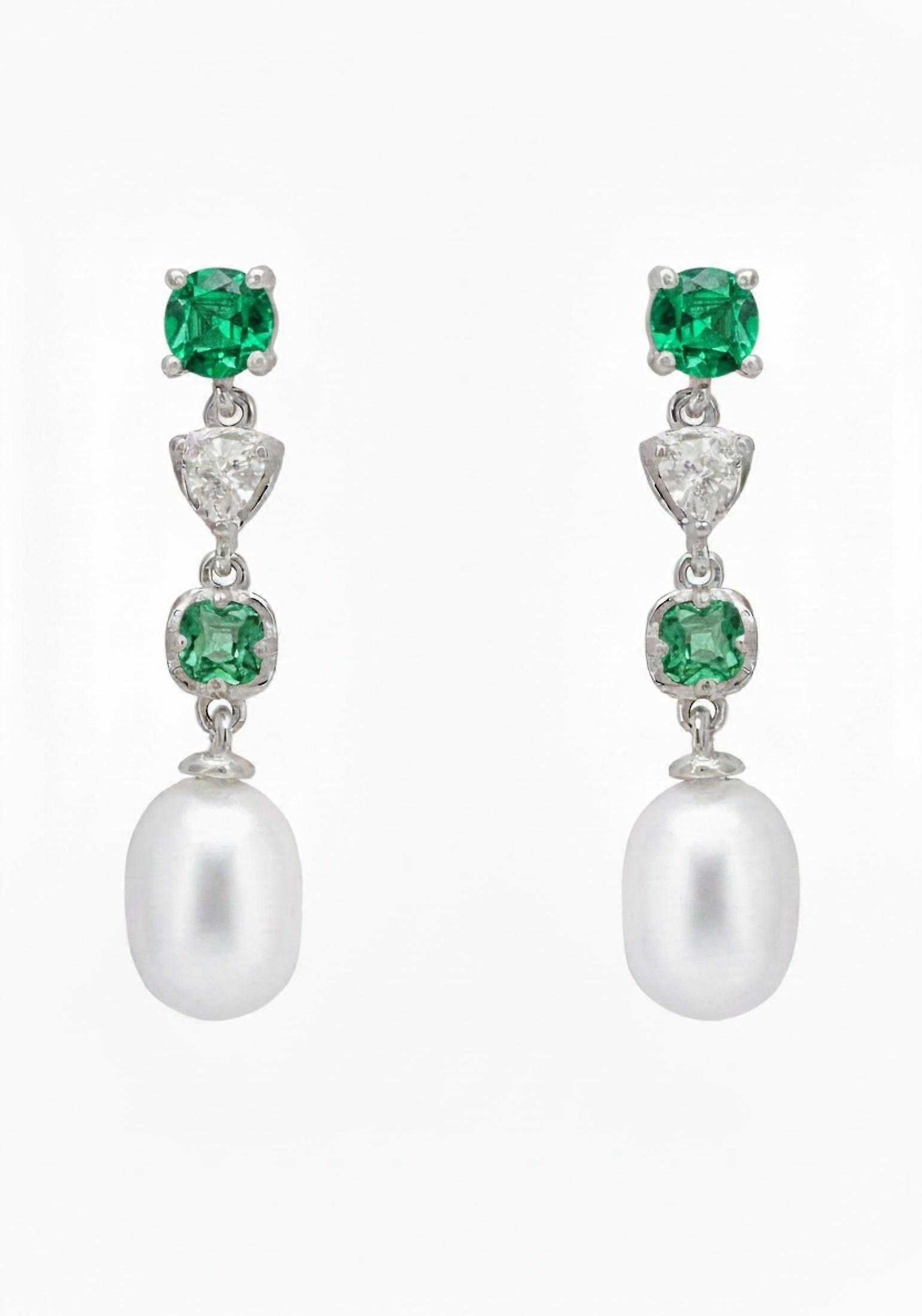 Pearl Whisper Drop Earrings Emerald Silver