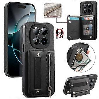 For Xiaomi Redmi Note 15 Pro 5G (Global) Case RFID Blocking Card Holder Jeans Cloth Texture Leather Back Cover with Elastic Wristband - Black