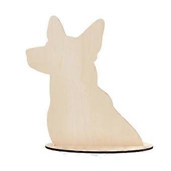 Suporte de madeira para acessórios de animais de estimação em formato de cachorro, ideal para festivais, exibindo silhuetas de cães, bandanas e outros acessórios para fotografia.