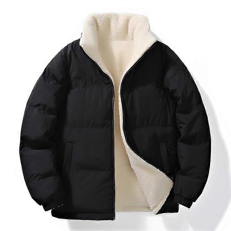 Men Sherpa Lined Puffer Jacket Solid Color Stand Collar Zip Up Winter Coat