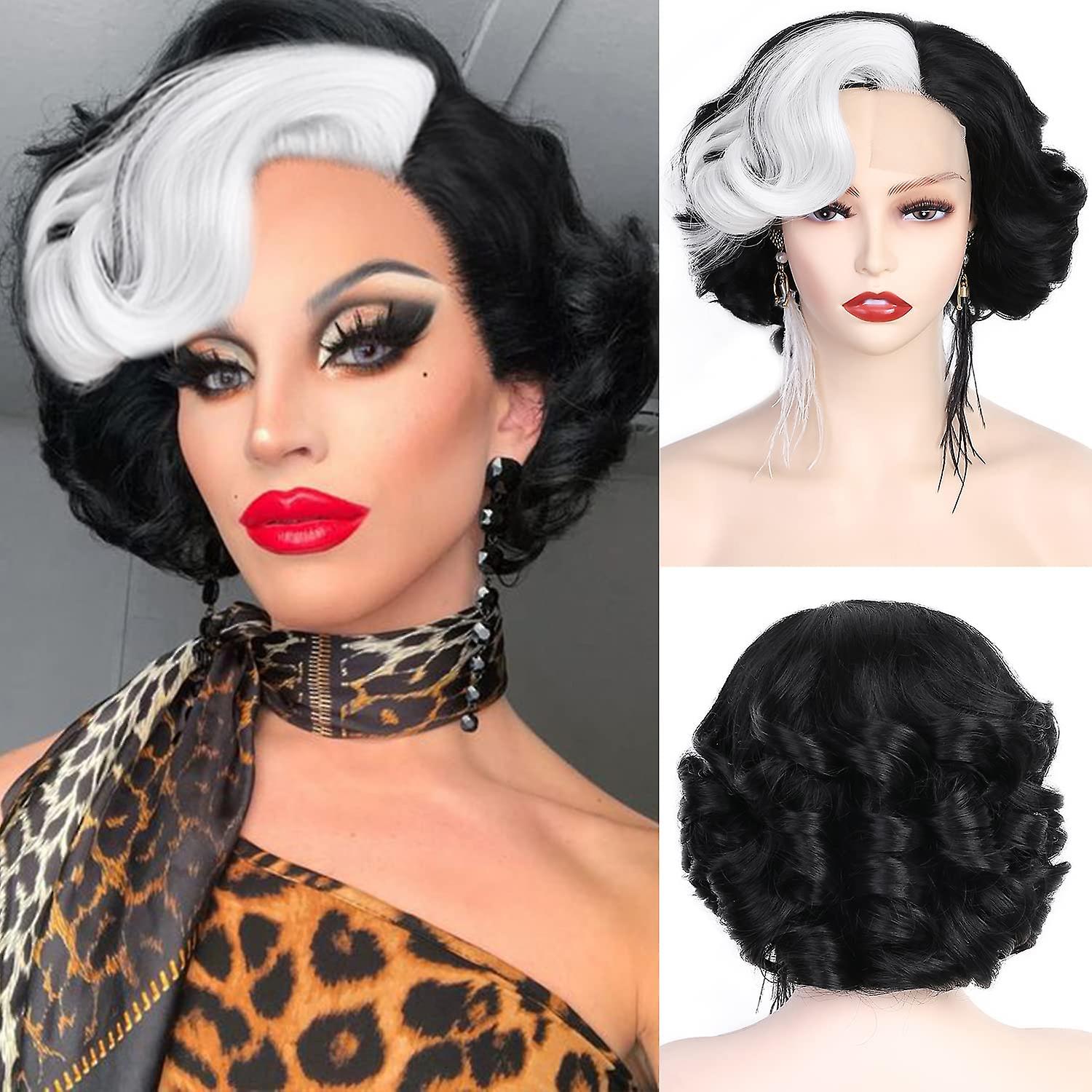 Short Curly Bob Wig No Lace Curled Bob (Black with White)