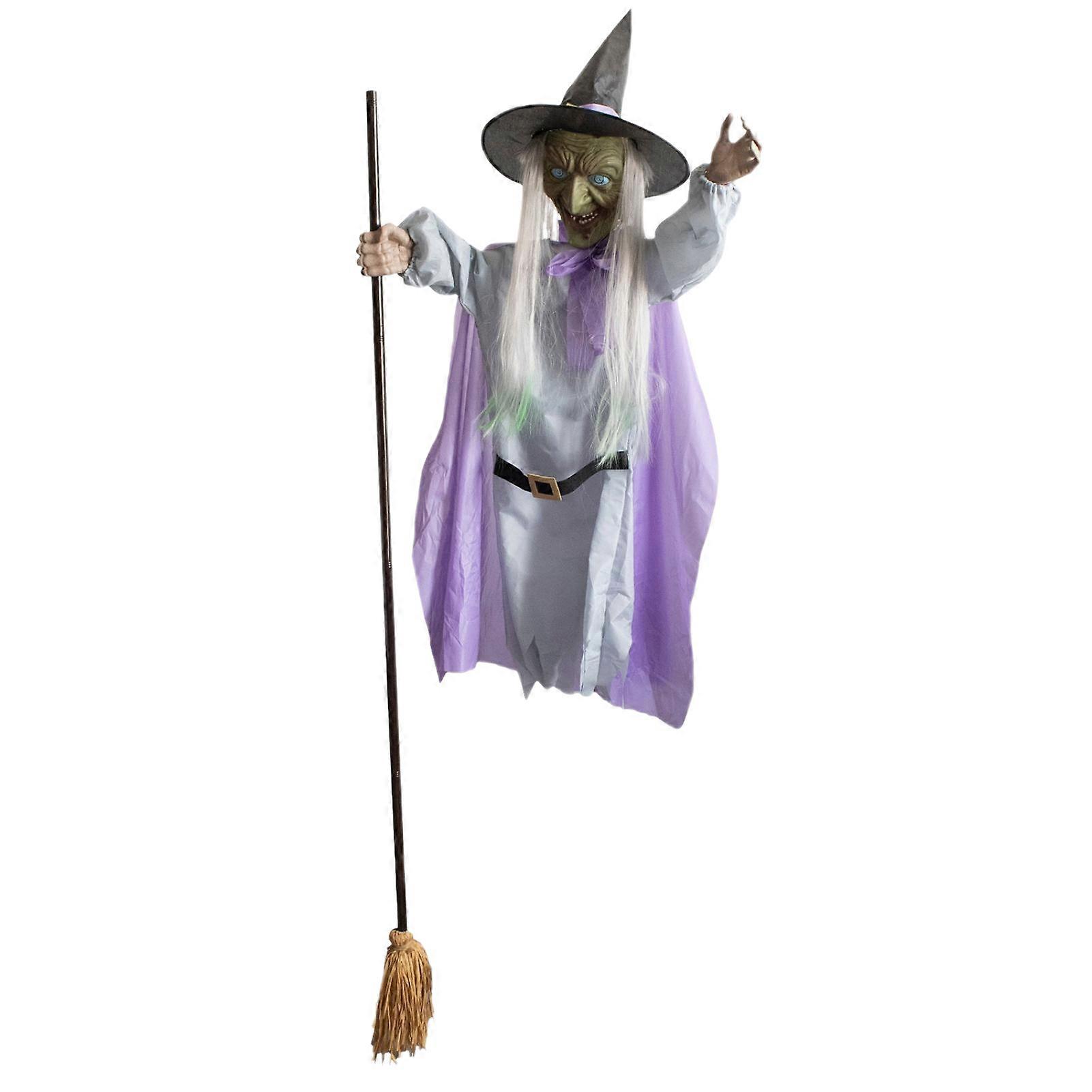 Halloween Witch Decoration Outdoor Large Flying Witch with Scary Sounds Lights Spooky Floating Witch with Broom for Garden Yard Lawn